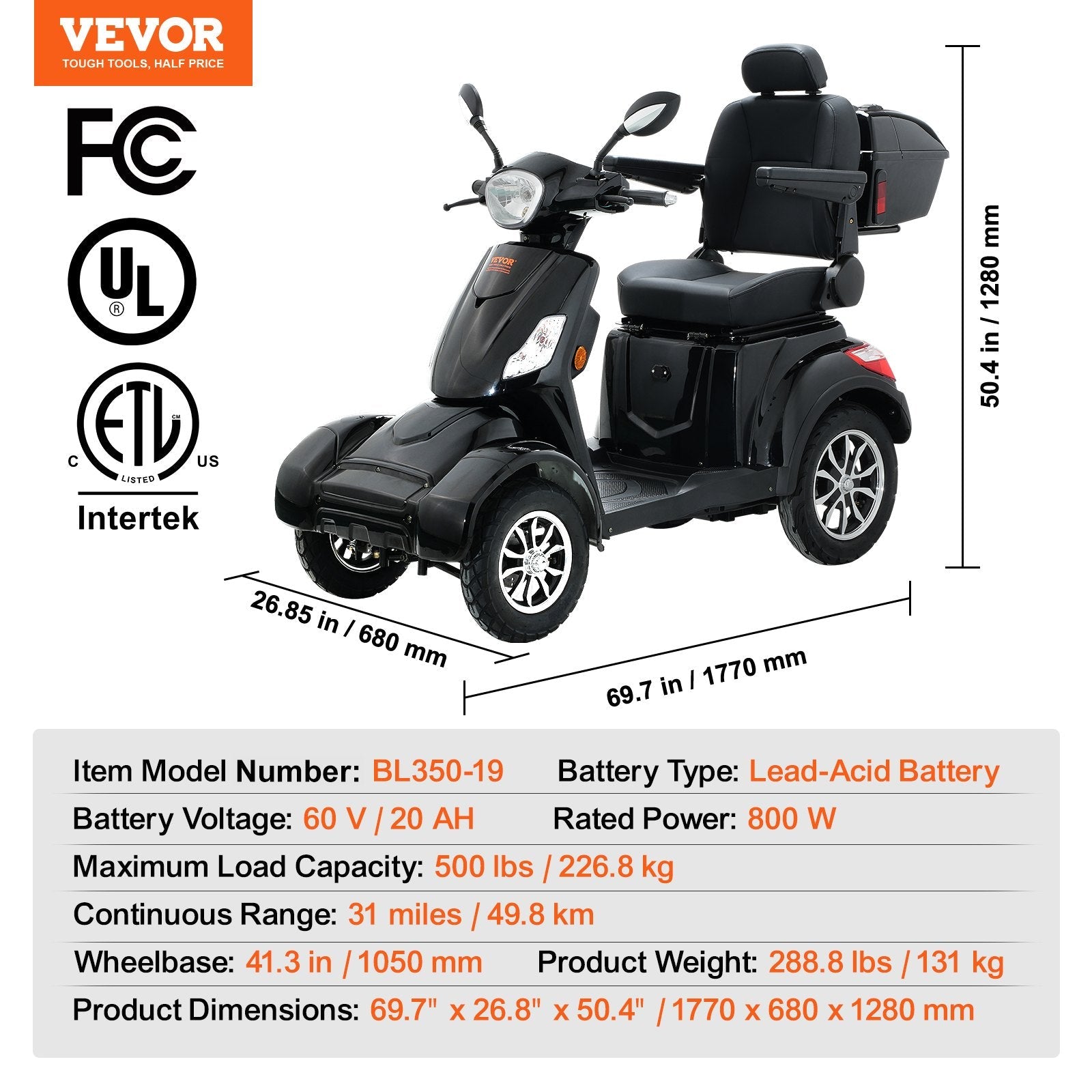 VEVOR Heavy Duty 4-Wheel Mobility Scooters 31 Miles 3-Speed 800W 500lbs Capacity