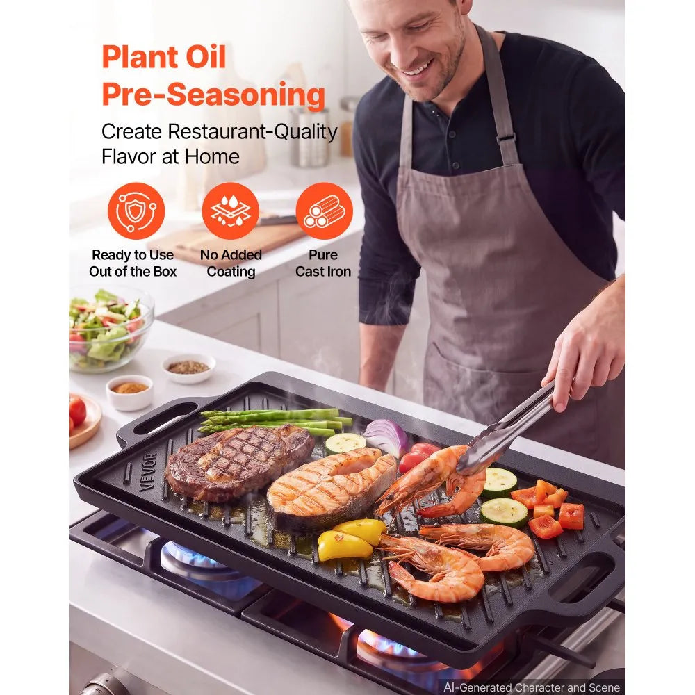 Reversible Cast Iron Grill & Griddle – 20" x 9" Dual-Sided BBQ Pan