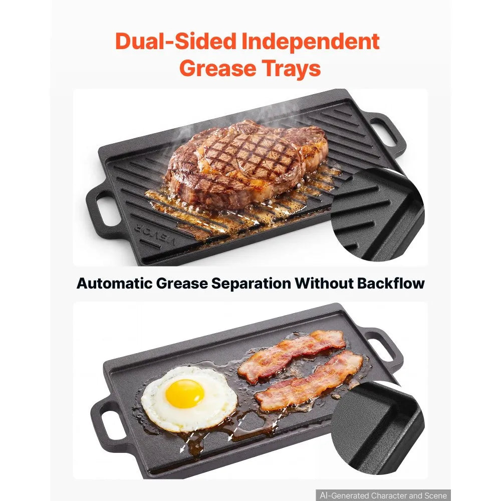 Reversible Cast Iron Grill & Griddle – 20" x 9" Dual-Sided BBQ Pan