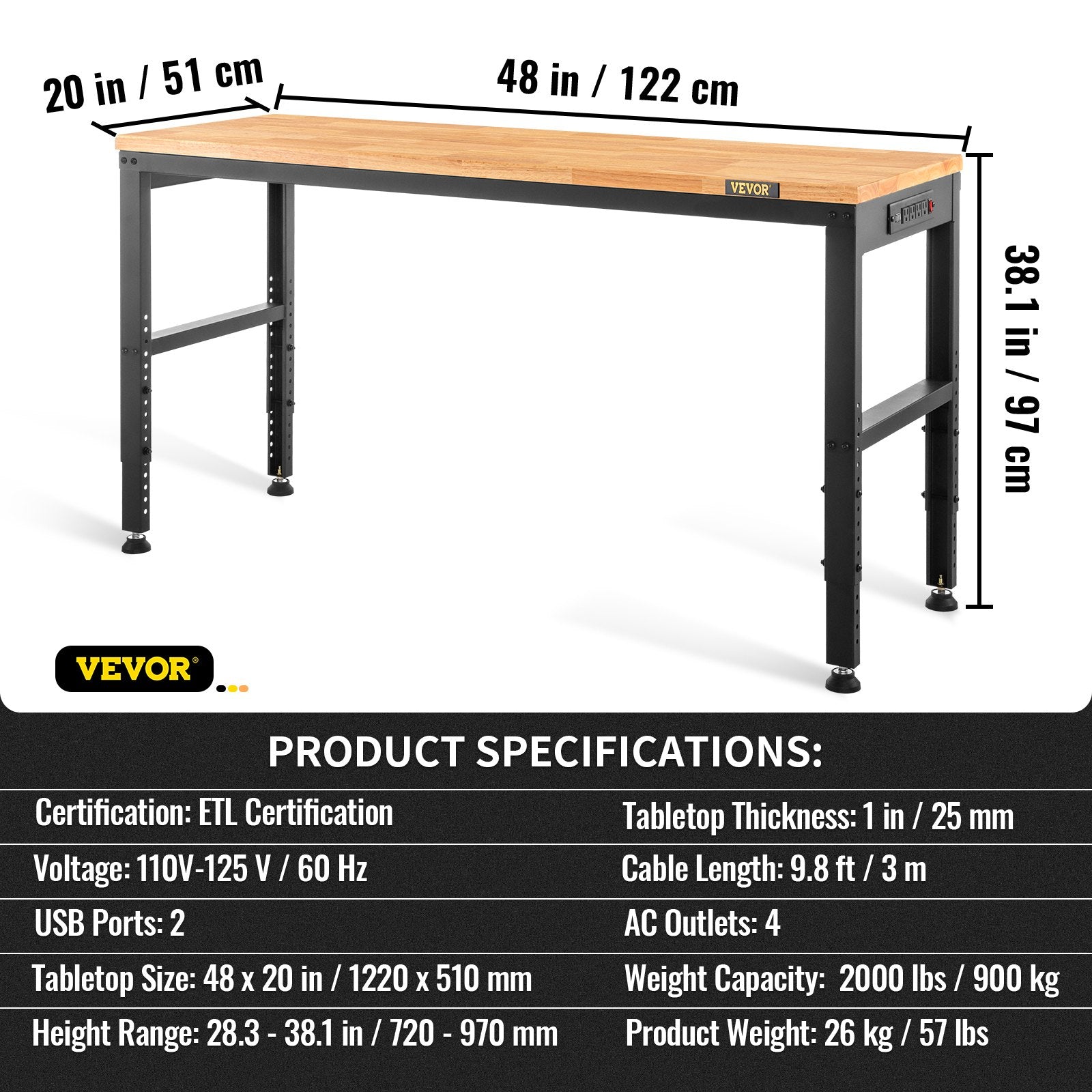 VEVOR Workbench Adjustable Height, 48"L X 20"W X 38.1"H Garage Table w/ 28.3" - 38.1" Heights & 2000 LBS Load Capacity, with Power Outlets & Hardwood Top & Metal Frame & Foot Pads, for Office Home