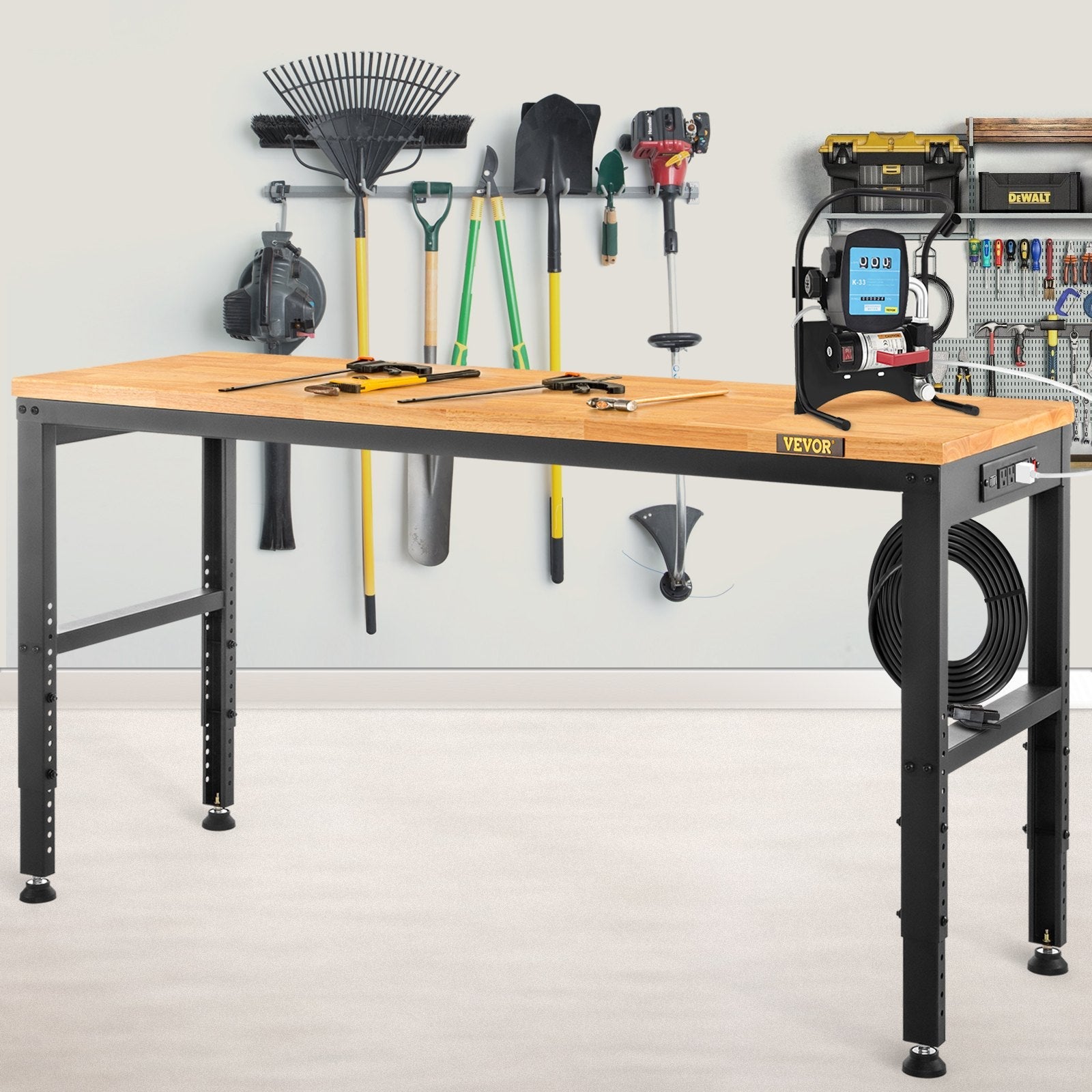 VEVOR Workbench Adjustable Height, 48"L X 20"W X 38.1"H Garage Table w/ 28.3" - 38.1" Heights & 2000 LBS Load Capacity, with Power Outlets & Hardwood Top & Metal Frame & Foot Pads, for Office Home