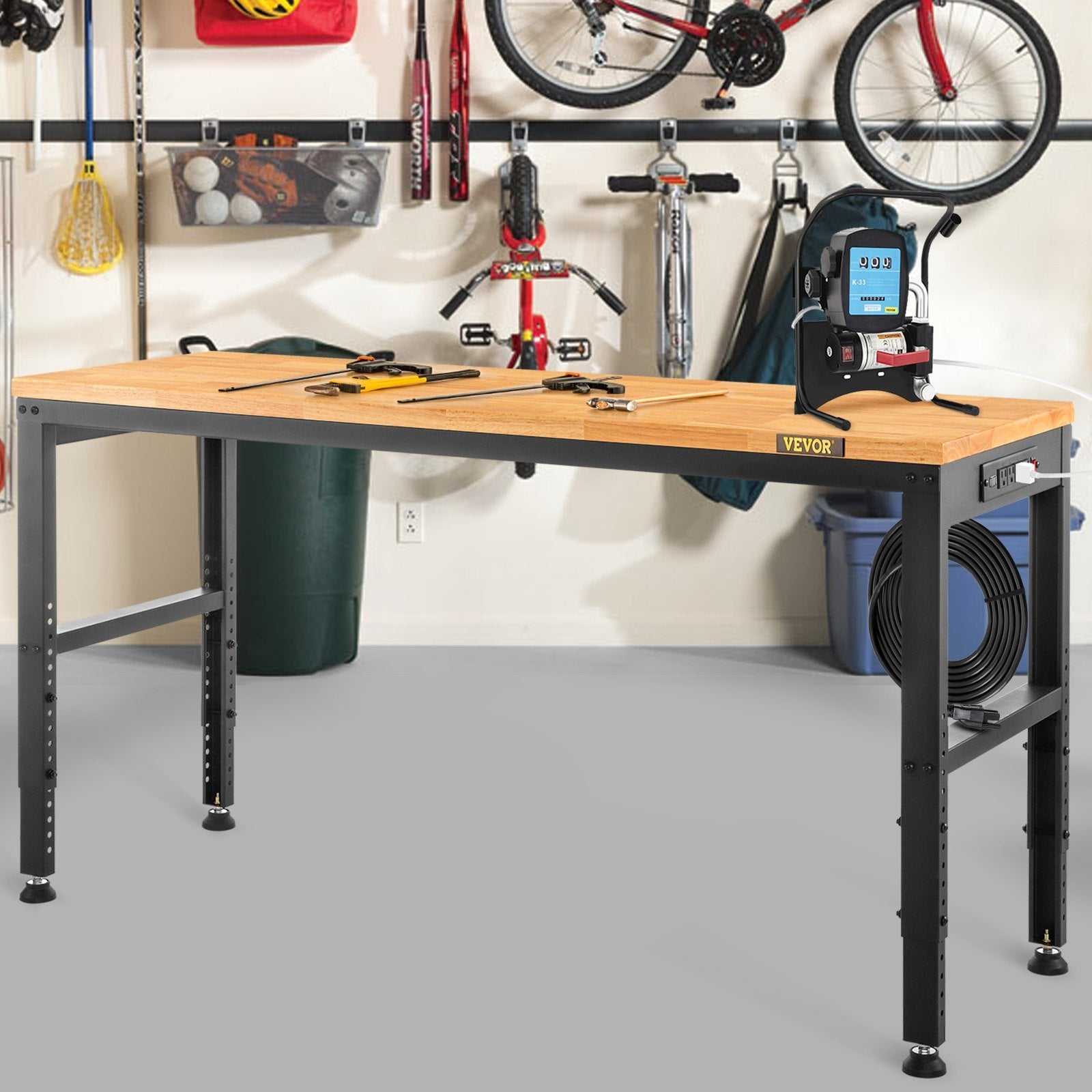 VEVOR Workbench Adjustable Height, 61"L X 20"W X 36"H Garage Table w/ 27.1" - 36" Heights & 2000 LBS Load Capacity, with Power Outlets & Hardwood Top & Metal Frame & Foot Pads, for Office Home