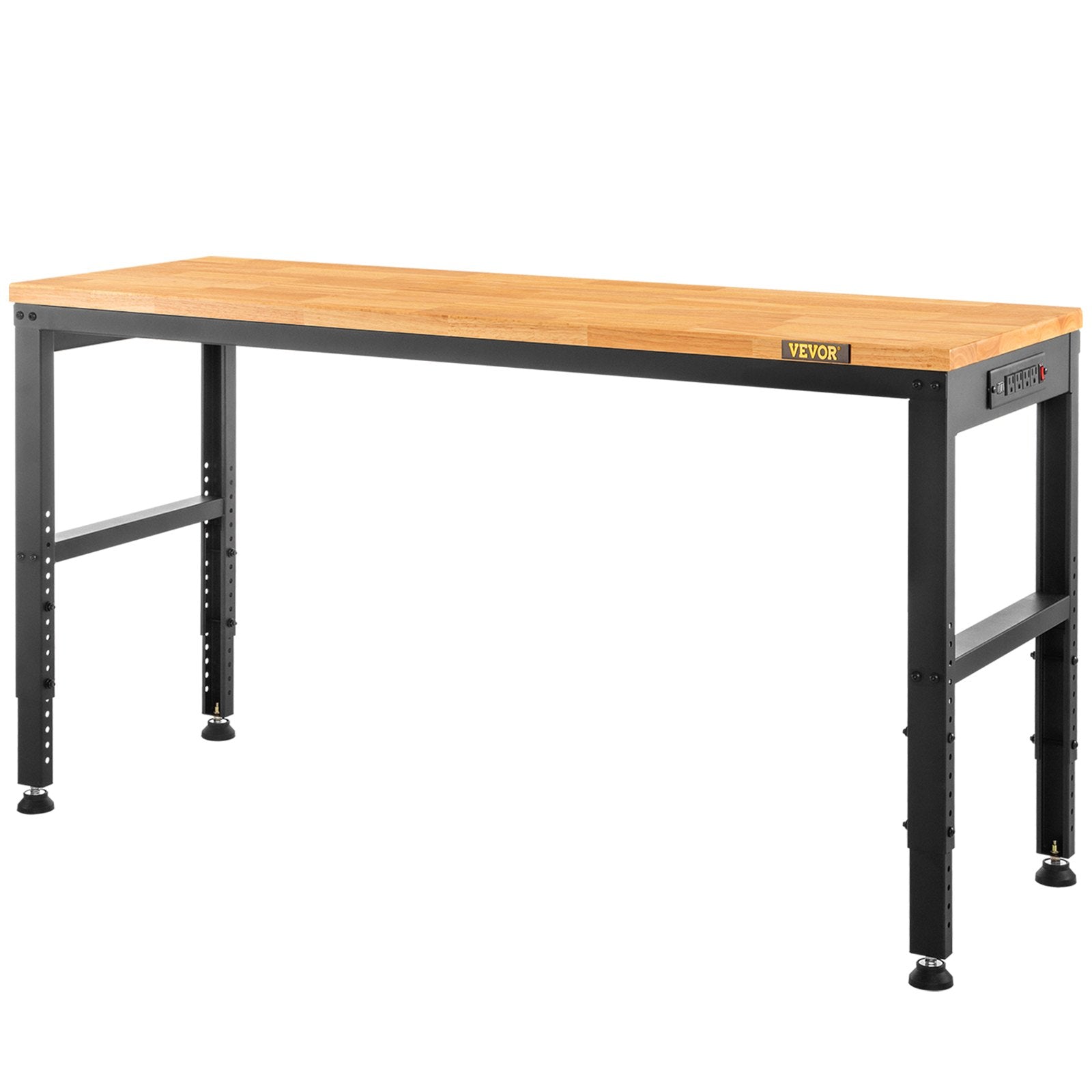 VEVOR Workbench Adjustable Height, 61"L X 20"W X 36"H Garage Table w/ 27.1" - 36" Heights & 2000 LBS Load Capacity, with Power Outlets & Hardwood Top & Metal Frame & Foot Pads, for Office Home