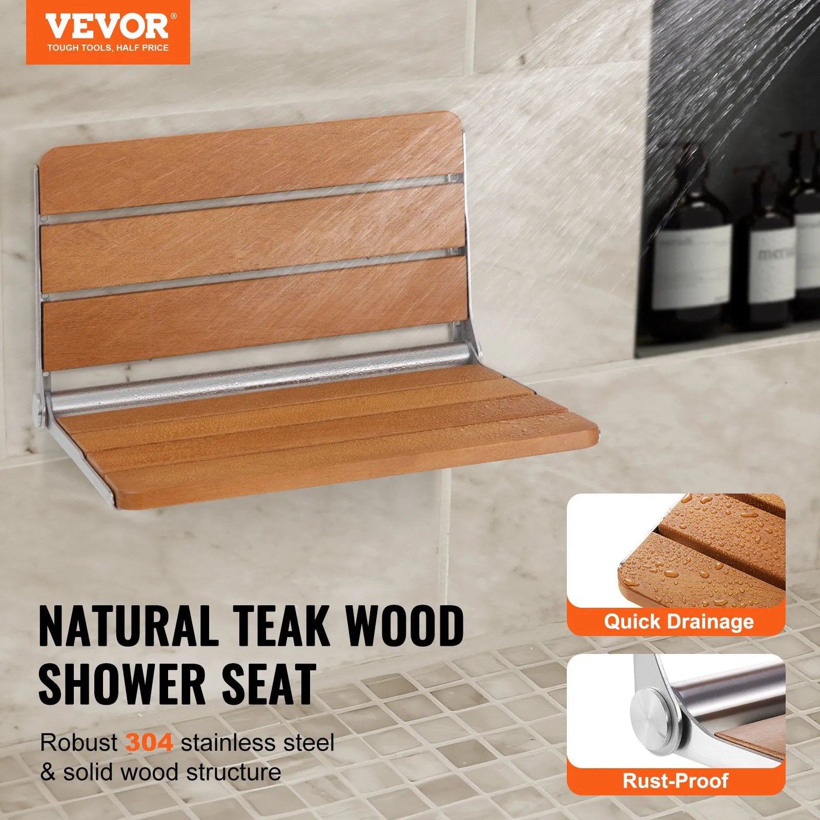 VEVOR Folding Teak Shower Seat 20.9'' x 16'' Wall Mounted Shower Bench 500 lbs