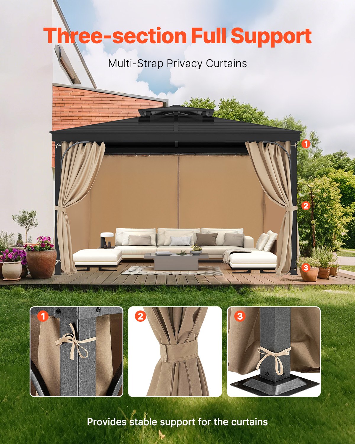 VEVOR Gazebo Privacy Curtain 12' x 10' x 7.3' Waterproof Gazebo Curtains Khaki