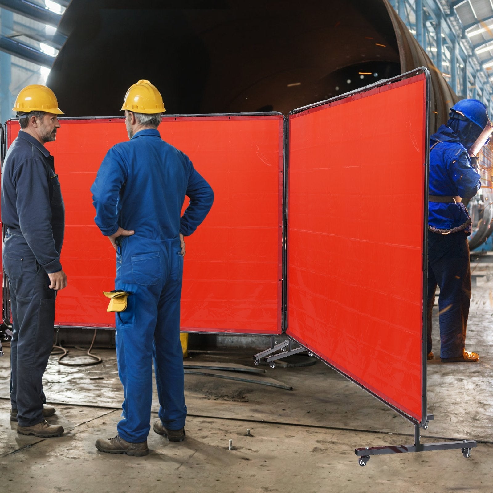 VEVOR Welding Screen with Frame, 6' x 8' 3 Panel Welding Curtain Screens, Flame-Resistant Vinyl Welding Protection Screen on 12 Swivel Wheels (6 Lockable), Moveable & Professional for Workshop, Red