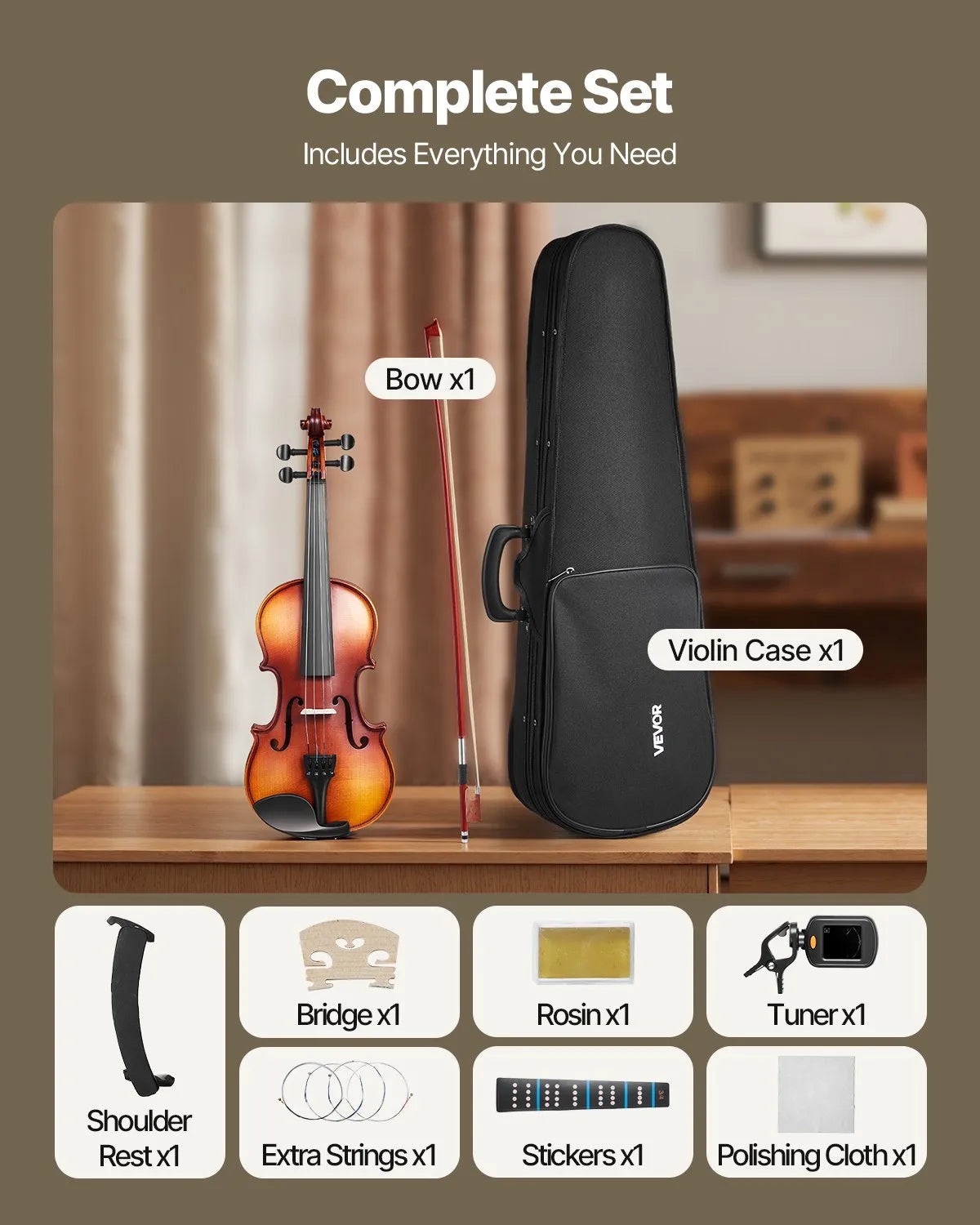 VEVOR Violin 3/4 Size Fiddle Set Solidwood for Beginners with Case Rosin Brown