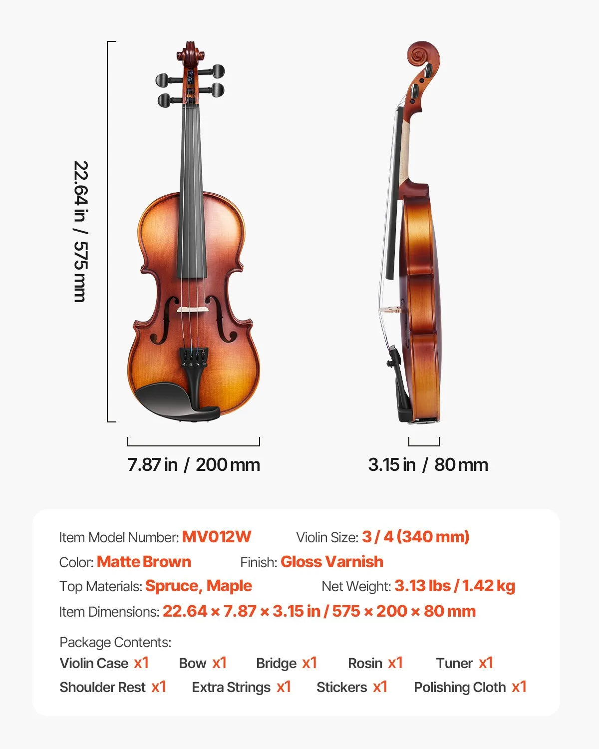 VEVOR Violin 3/4 Size Fiddle Set Solidwood for Beginners with Case Rosin Brown