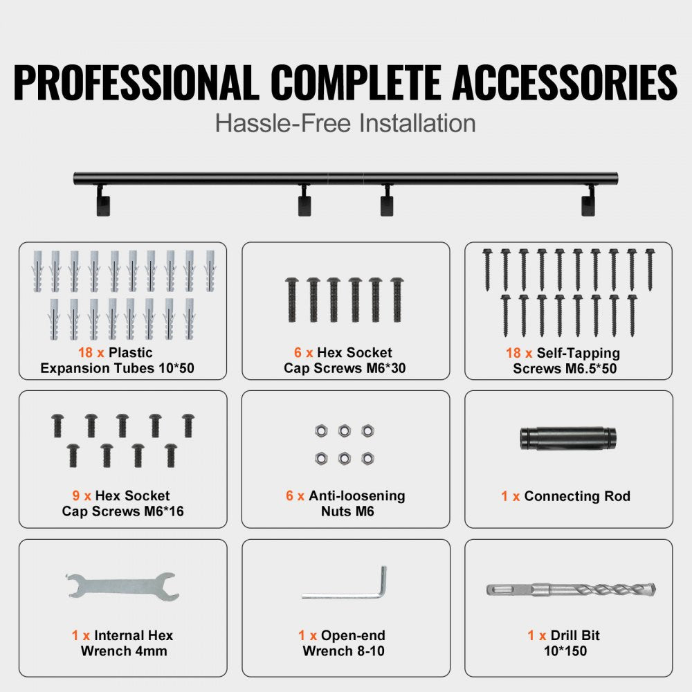 VEVOR Handrail Stair Railing, 12 ft, Wall Mount Handrails for Indoor Stairs, Thickened Aluminum Alloy Hand Rail with Installation Kit, 440 LBS Load Capacity Stairway Railing for Outdoor Stairs