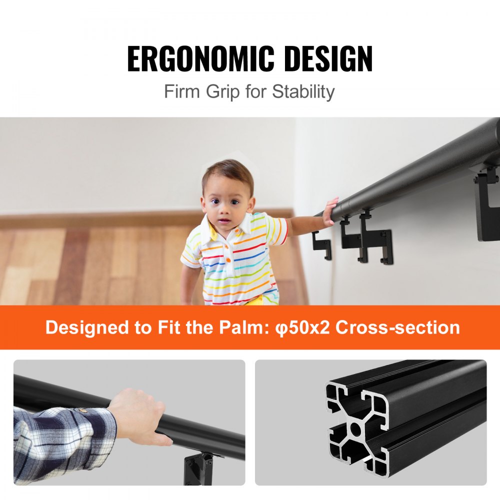 VEVOR Handrail Stair Railing, 12 ft, Wall Mount Handrails for Indoor Stairs, Thickened Aluminum Alloy Hand Rail with Installation Kit, 440 LBS Load Capacity Stairway Railing for Outdoor Stairs