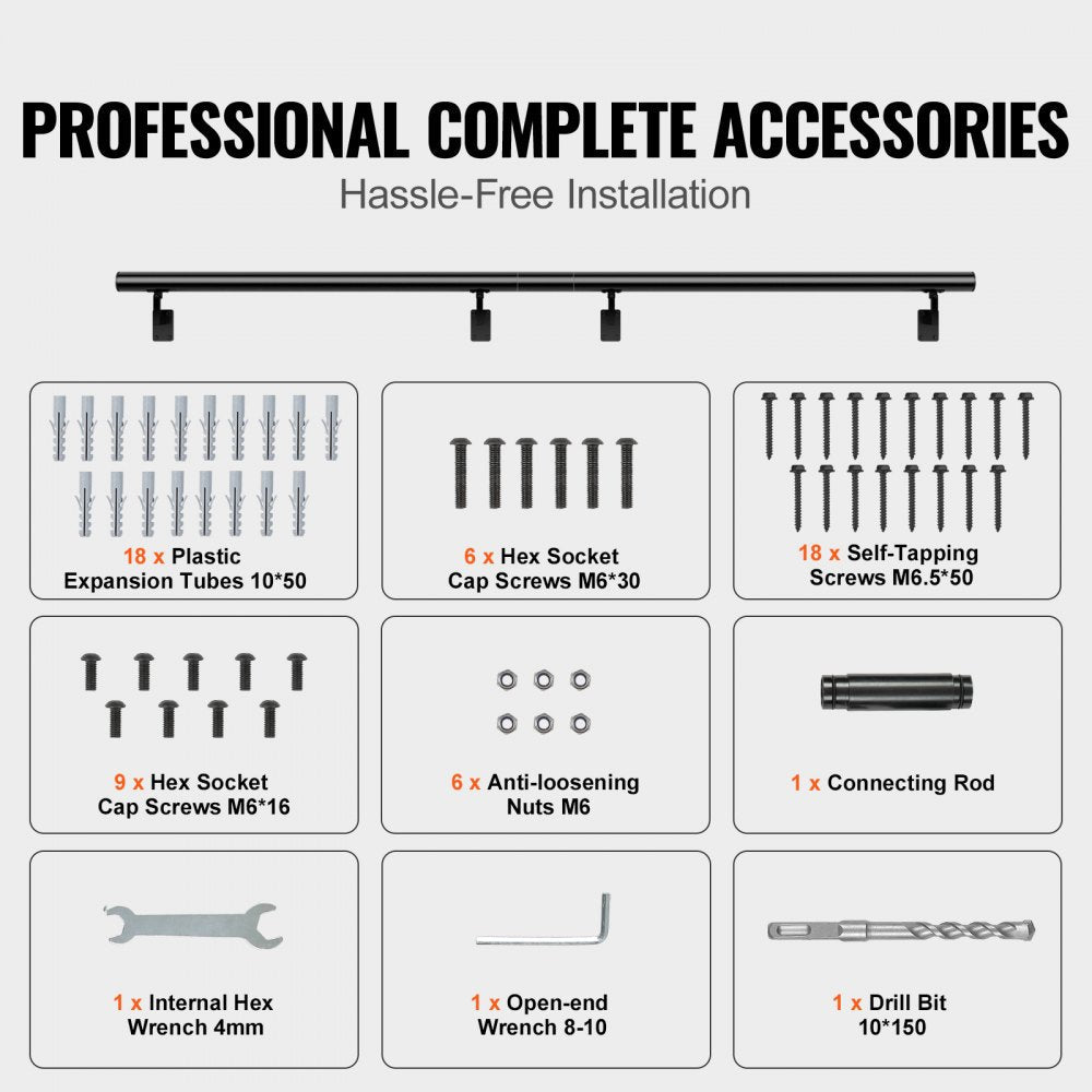 VEVOR Handrail Stair Railing, 7 ft, Wall Mount Handrails for Indoor Stairs, Thickened Aluminum Alloy Hand Rail with Installation Kit, 440 LBS Load Capacity Stairway Railing for Outdoor Stairs