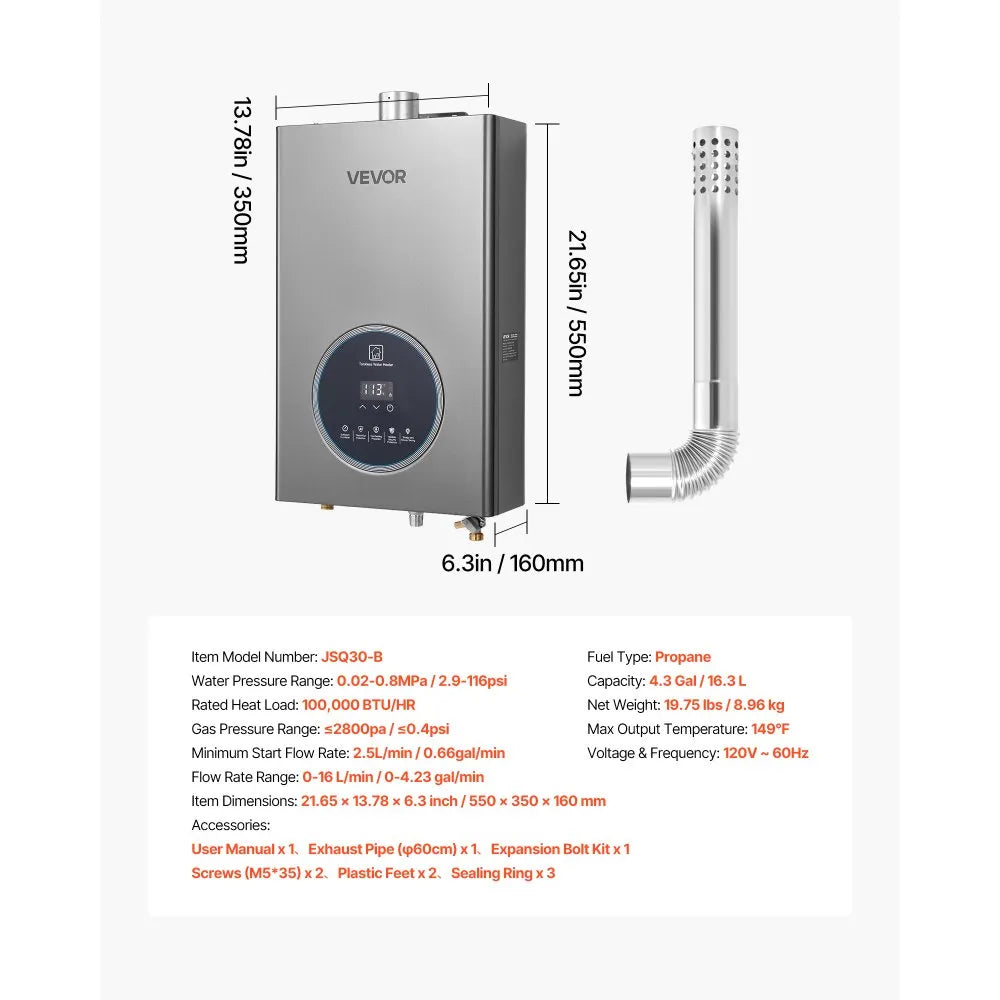 VEVOR Propane Tankless Water Heater 4.3Gal 100000 BTU Smart Temp Control LED