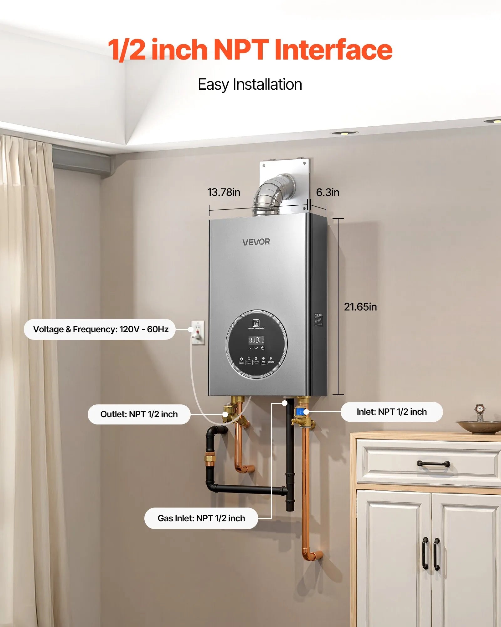 VEVOR Gas Tankless Water Heater 4.3Gal 100000 BTU Smart Temp Control LED