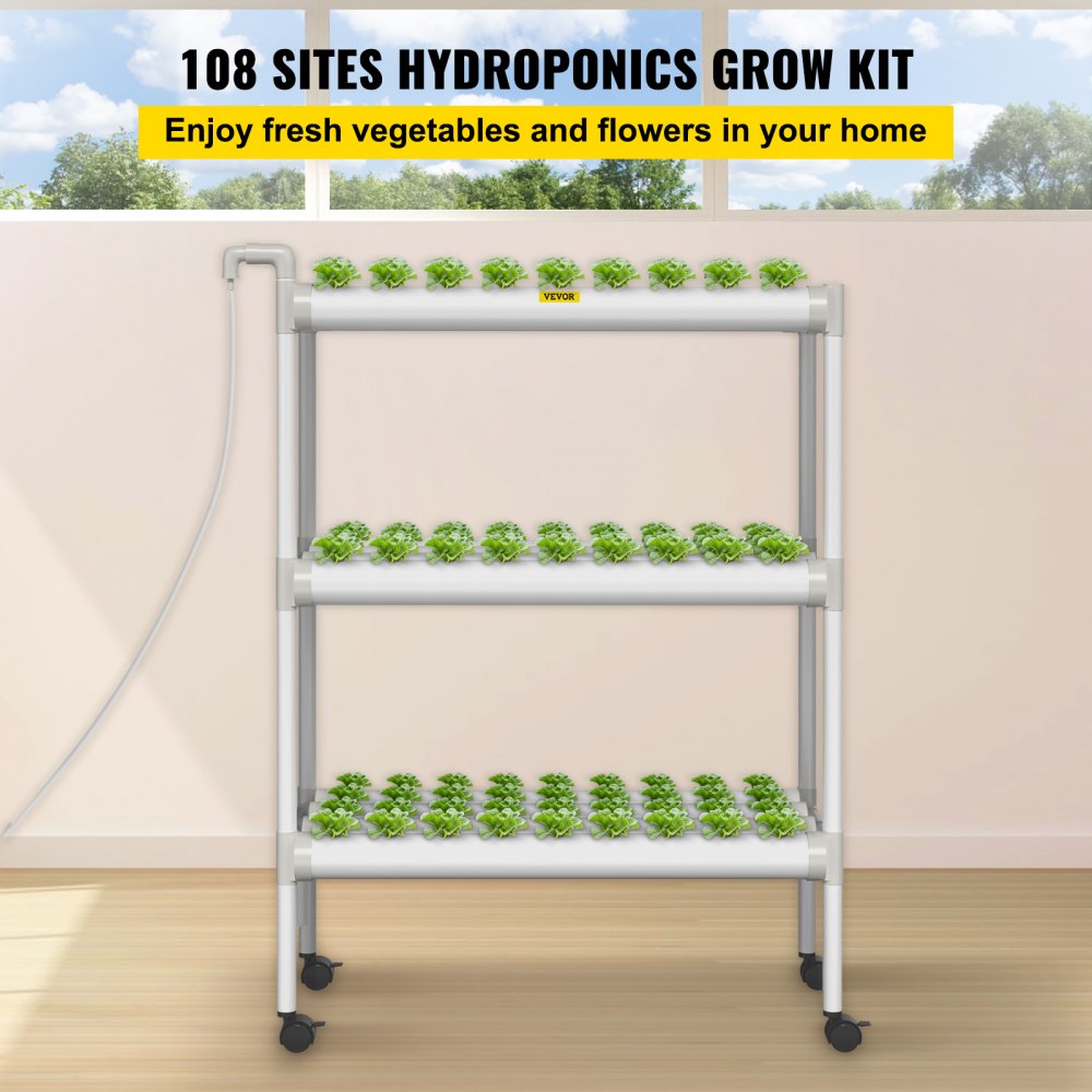 VEVOR Hydroponics Growing System, 108 Sites 3 Layers, 12 Food-Grade PVC-U Pipes, Vertical Indoor Plant Grow Kit with Water Pump, Timer, Nest Basket, Sponge for Fruits, Vegetables, Herb, White