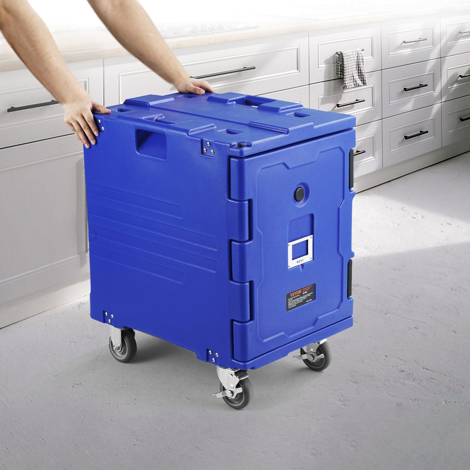 VEVOR Insulated Food Pan Carrier Front Load Catering Box w/ Wheels 82 Qt Blue