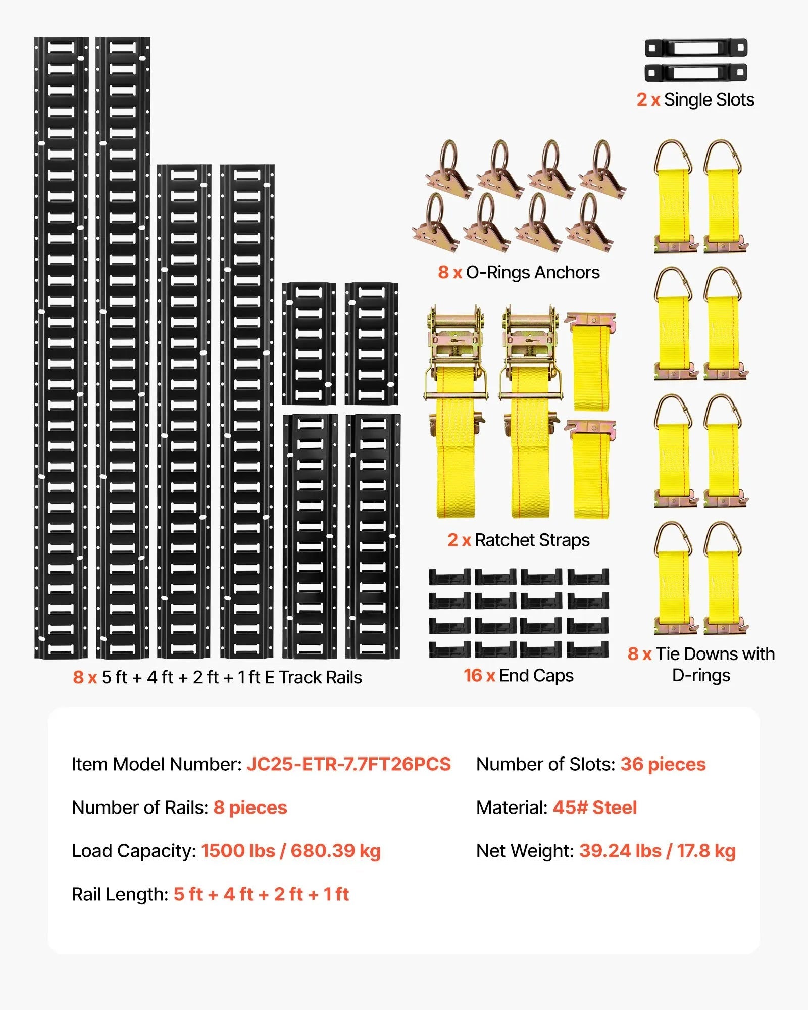 VEVOR E-Track Tie-Down Rail Kit, 8 Pack (5ft+4ft+2ft+1ft) E Track Rails, 36 Pcs Includes 2 Ratchet Straps & 8 O-Rings & 8 Tie-Offs with D-Ring & 2 Single Slots & 16 End Caps, Fit for Vans Trailers
