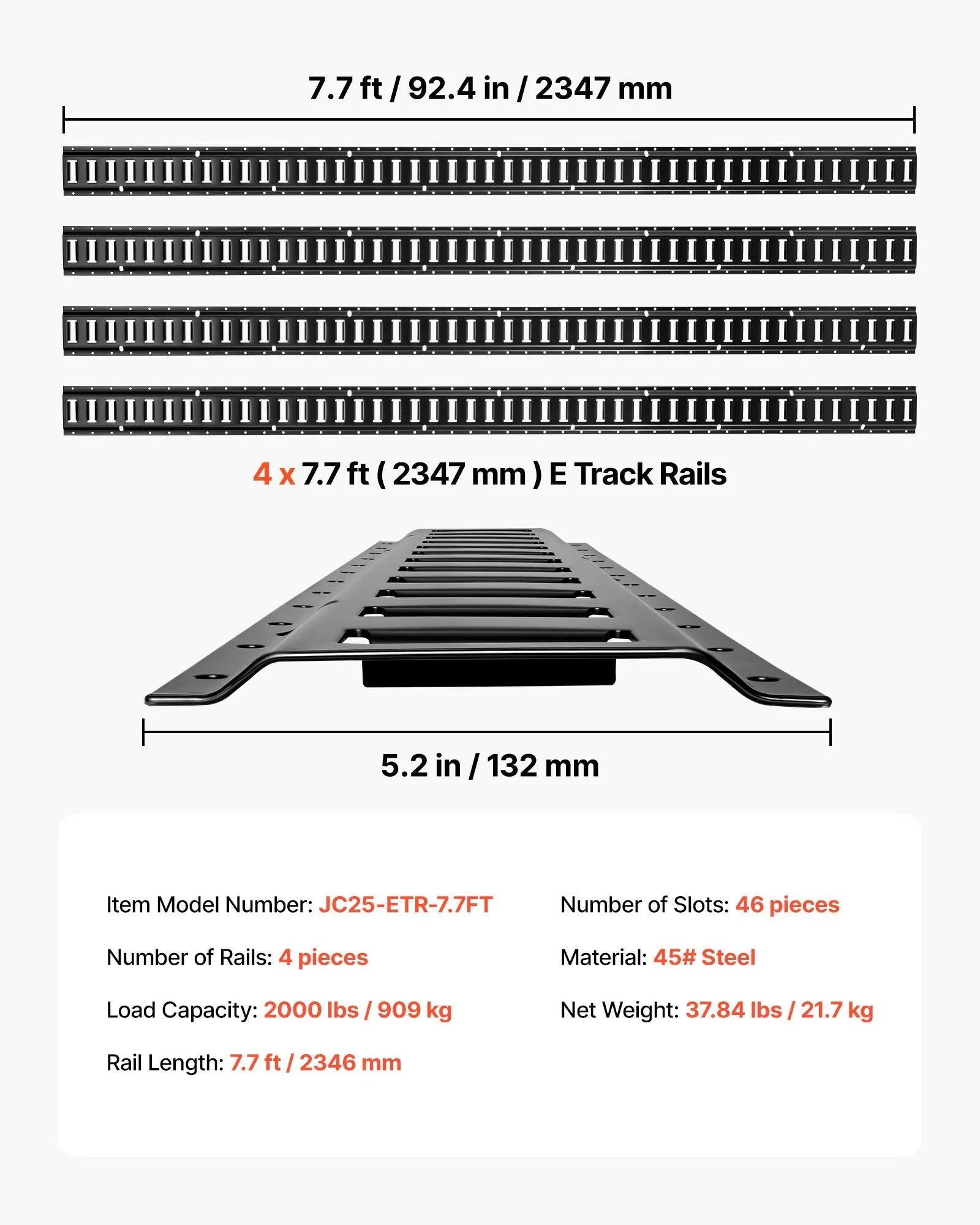 VEVOR E-Track Tie-Down Rails, 4 Pack, 7.7 ft E Track Rails Secures Cargo & Heavy Loads Up to 2,000 lbs, Trailer Tie-Down System Suitable for Garages, Vans, Motorcycle Tie Downs, ATV Mountings