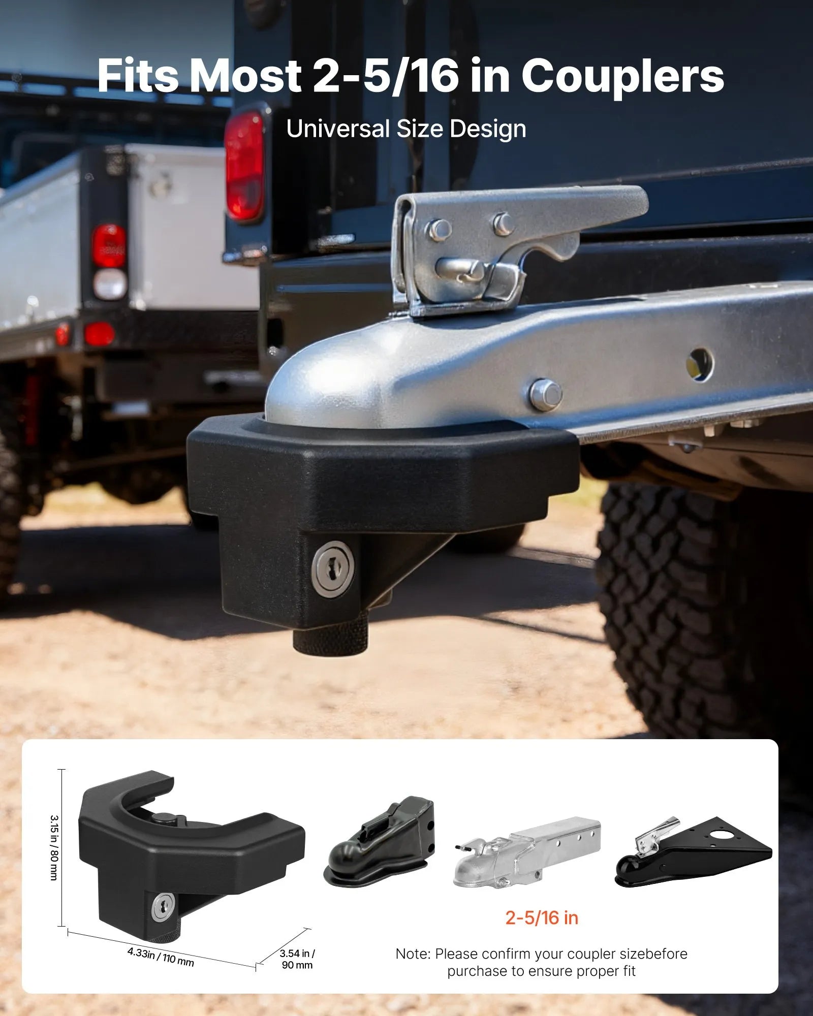 VEVOR Trailer Hitch Lock Kit, Compatible with 2-5/16 in Couplers, Heavy-Duty Anti-Theft Trailer Ball Lock with 3 Keys & Padlock, Prying-Resistant & Impact-Resistant, Fits for RVs, Boats, Trailers