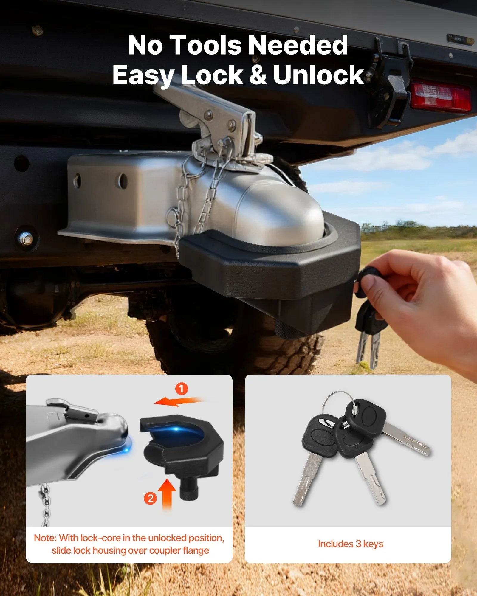 VEVOR Trailer Hitch Lock Kit, Compatible with 2-5/16 in Couplers, Heavy-Duty Anti-Theft Trailer Ball Lock with 3 Keys & Padlock, Prying-Resistant & Impact-Resistant, Fits for RVs, Boats, Trailers