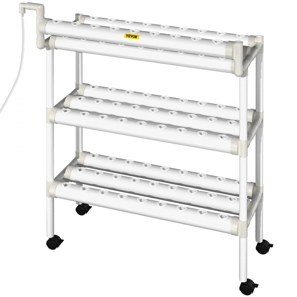 VEVOR Hydroponics Growing System, 90 Sites 3 Layers, 10 Food-Grade PVC-U Pipes, Vertical Indoor Plant Grow Kit with Water Pump, Timer, Nest Basket, Sponge for Fruits, Vegetables, Herb, White