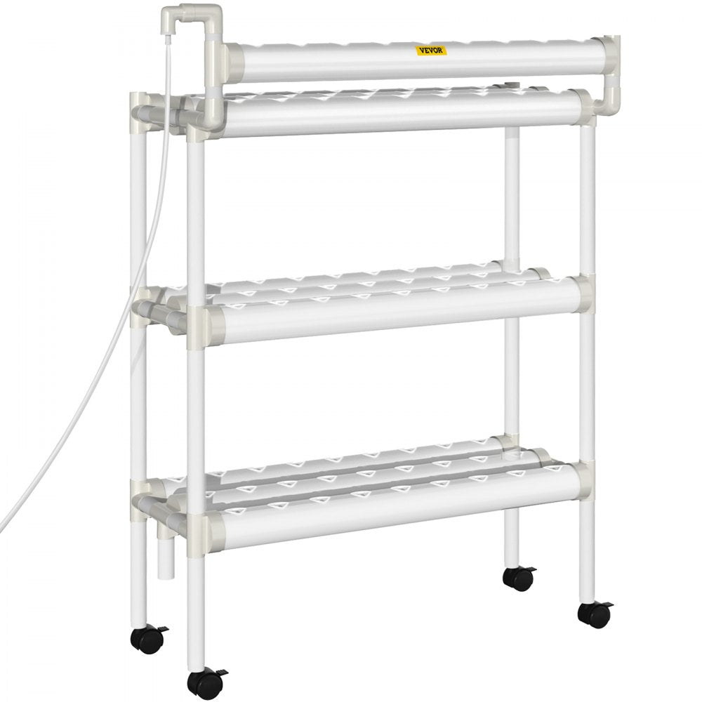 VEVOR Hydroponics Growing System, 90 Sites 3 Layers, 10 Food-Grade PVC-U Pipes, Vertical Indoor Plant Grow Kit with Water Pump, Timer, Nest Basket, Sponge for Fruits, Vegetables, Herb, White