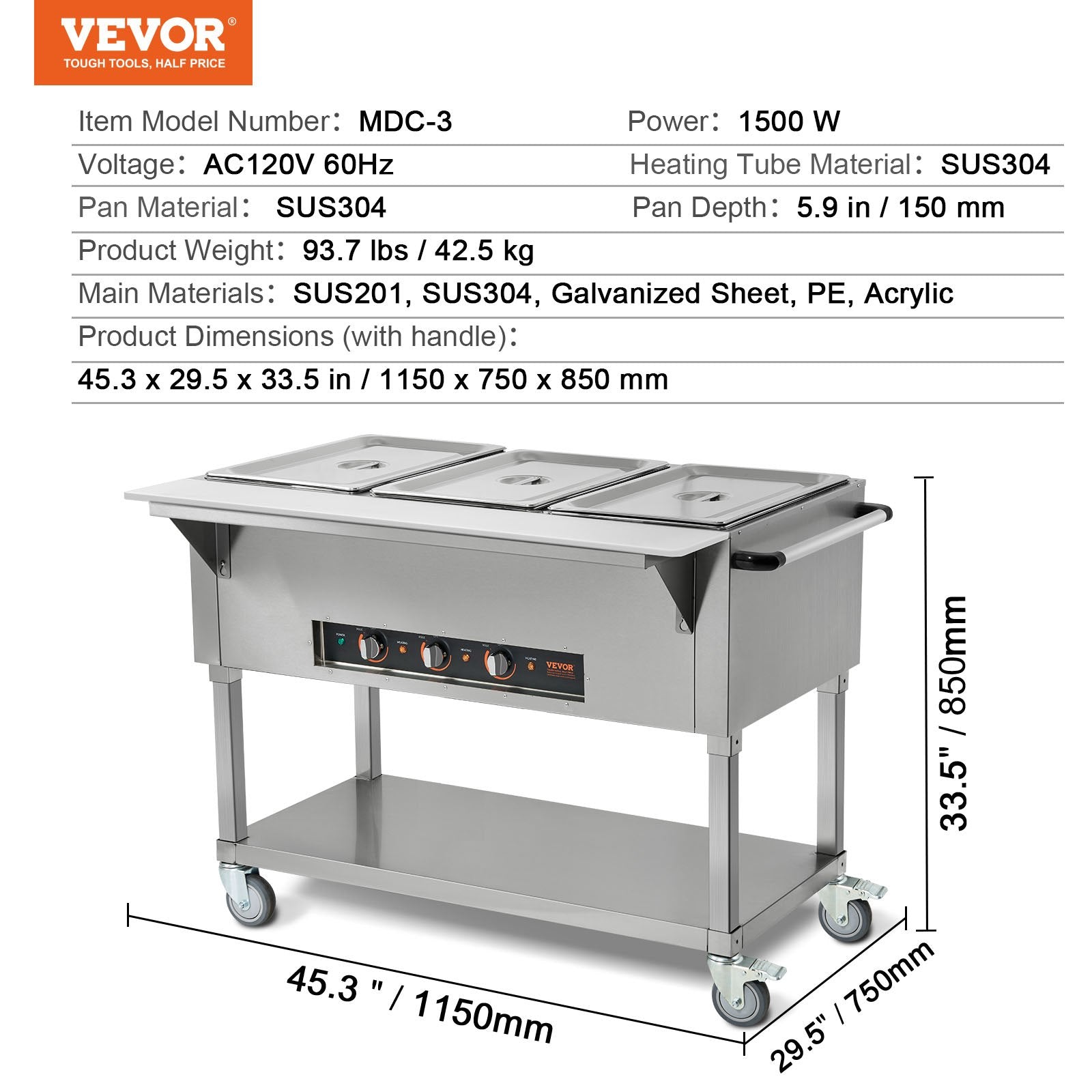 VEVOR 3-Pan Commercial Food Warmer, 3x 20.6QT Electric Steam Table, 1500W Professional Buffet Catering Food Warmer with 4 Wheels (2 Lockable), Food Grade Stainless Steel Server for Party Restaurant