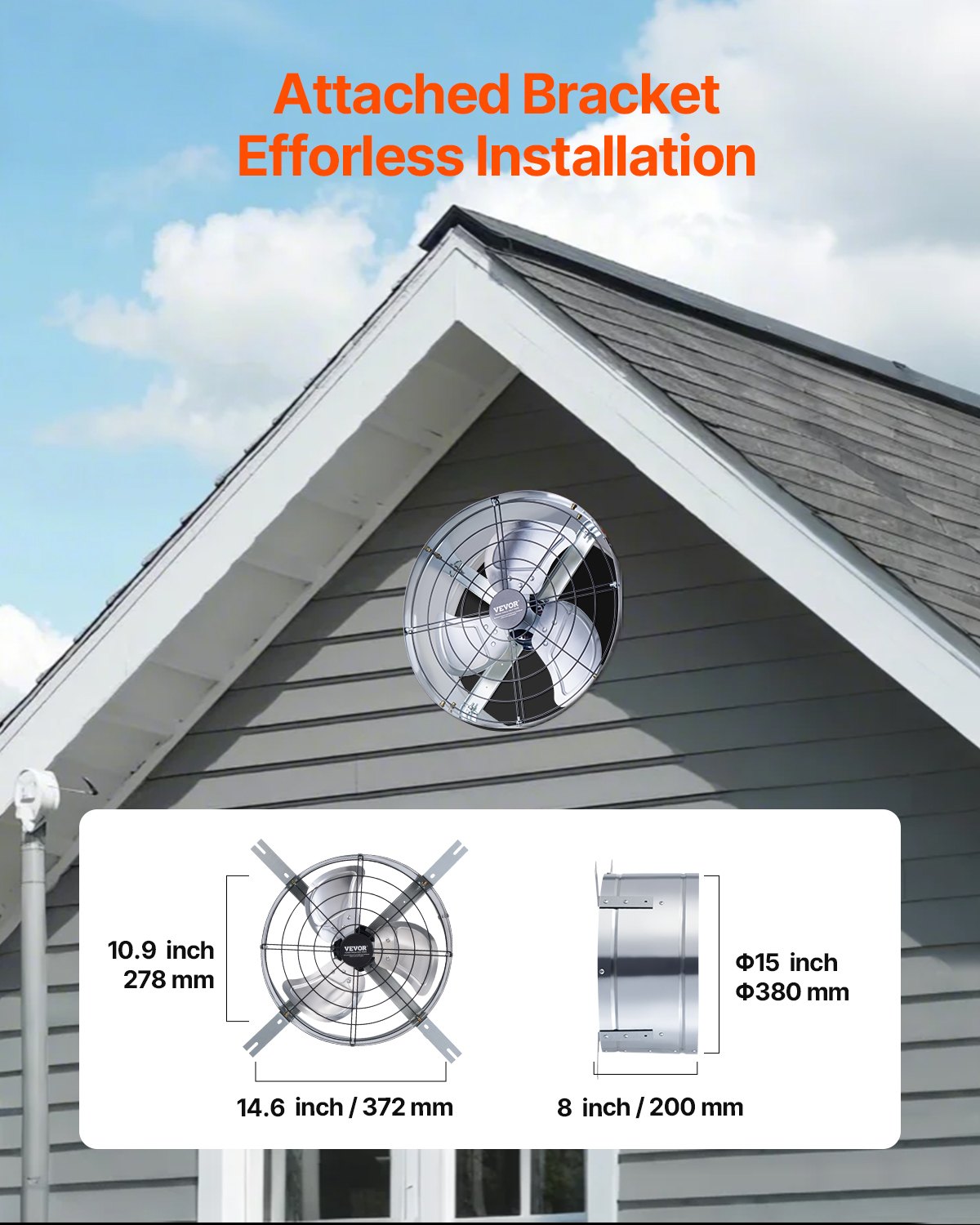 VEVOR 15" Gable Mount Fan 1300 CFM Attic Exhaust Fan with Adjustable Thermostat
