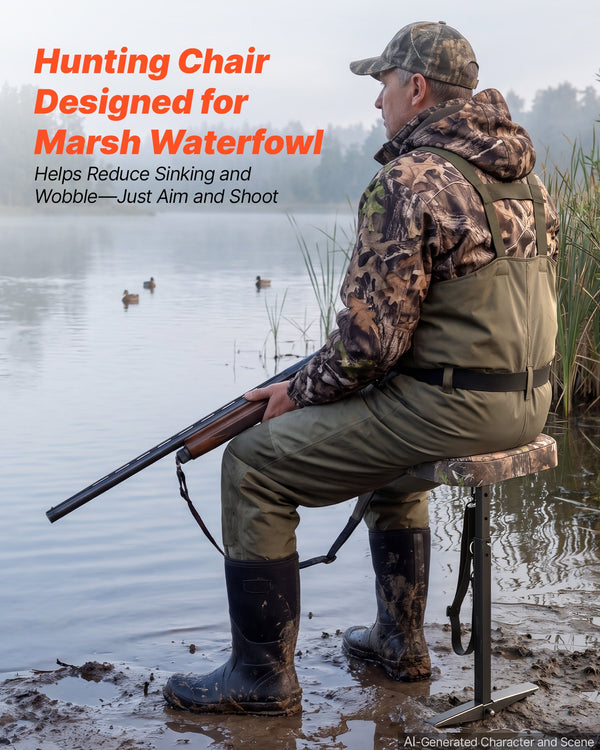 Adjustable Marsh Hunting Seat – 300 lb Capacity, Camouflage Waterfowl Seat with Mud Plates