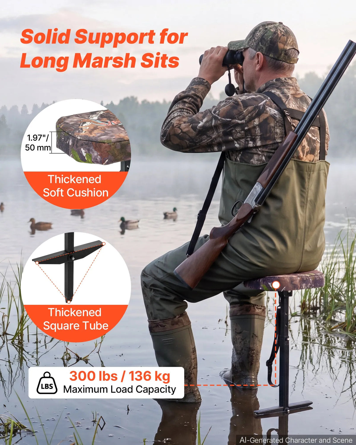 Adjustable Marsh Hunting Seat – 300 lb Capacity, Camouflage Waterfowl Seat with Mud Plates