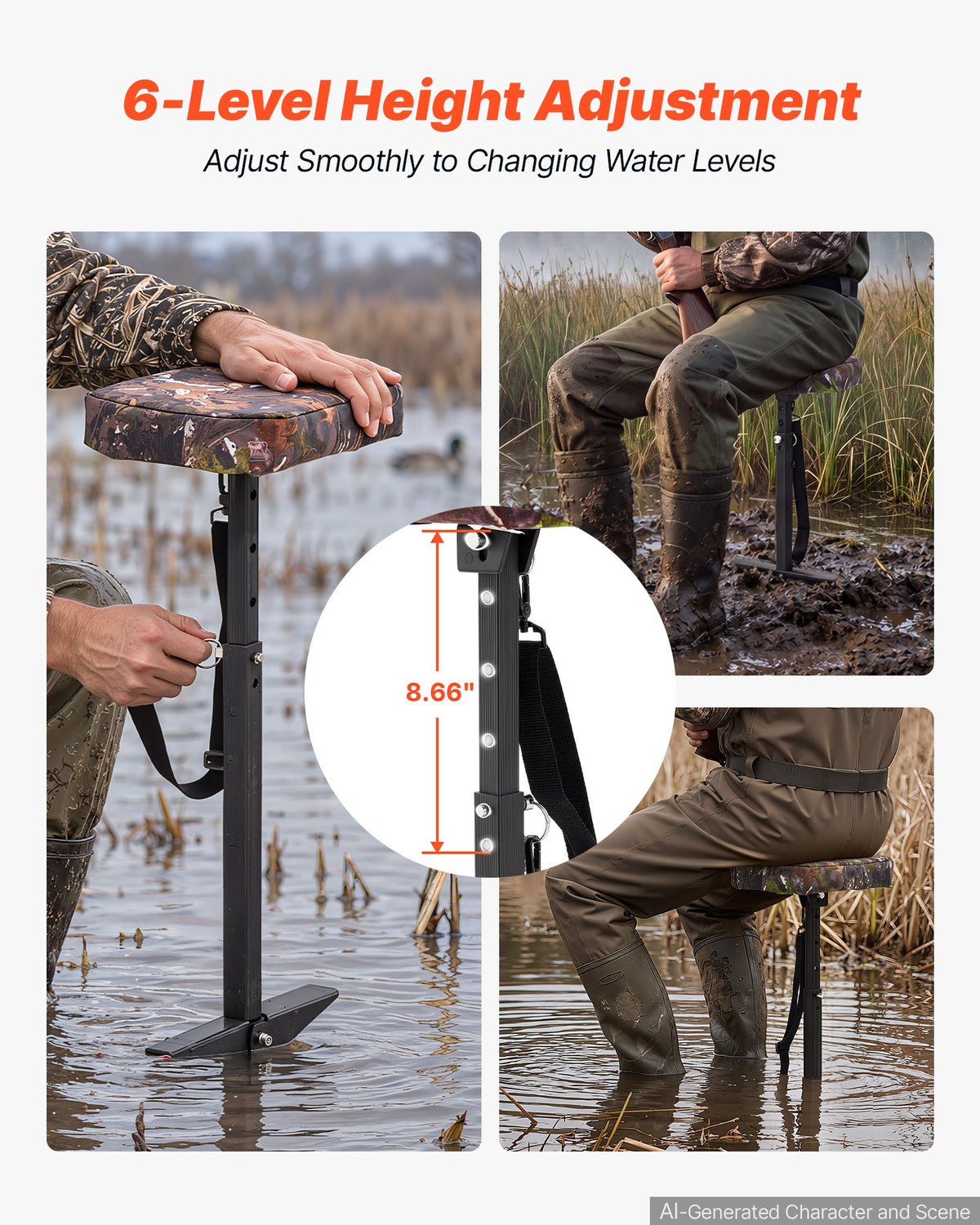 Adjustable Marsh Hunting Seat – 300 lb Capacity, Camouflage Waterfowl Seat with Mud Plates