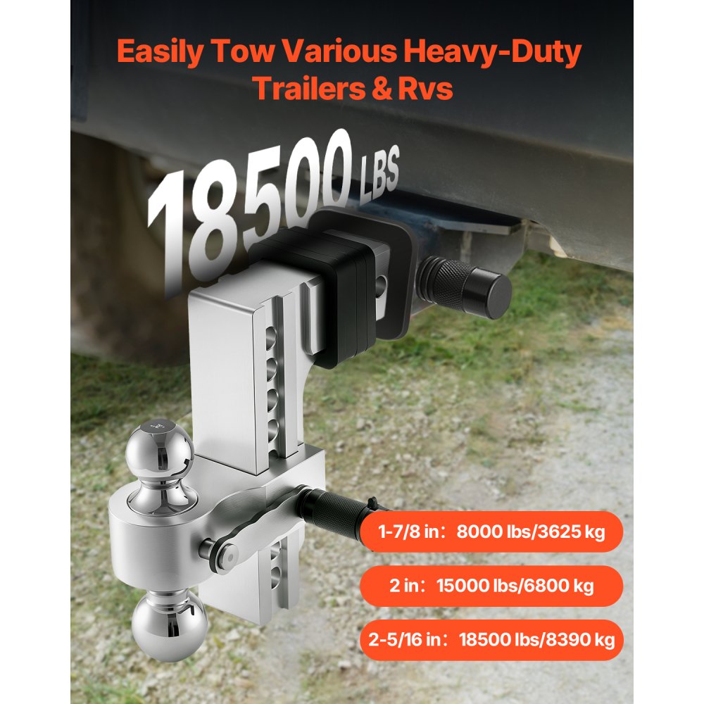 Adjustable Trailer Hitch with Triple Ball Mount – 8-Inch Drop/Rise, 2.5-Inch Receiver, 18,500 lb Towing Capacity