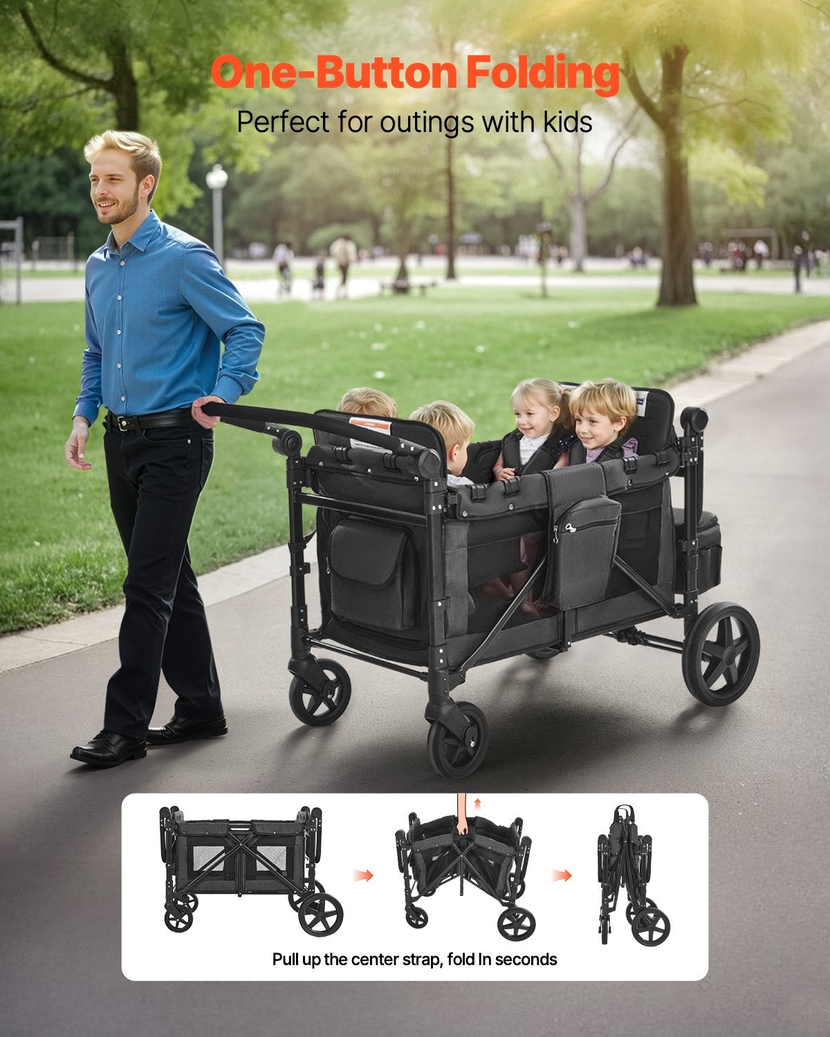 Wagon Stroller for 4 Kids Push Pull Quad Collapsible Stroller for Camping