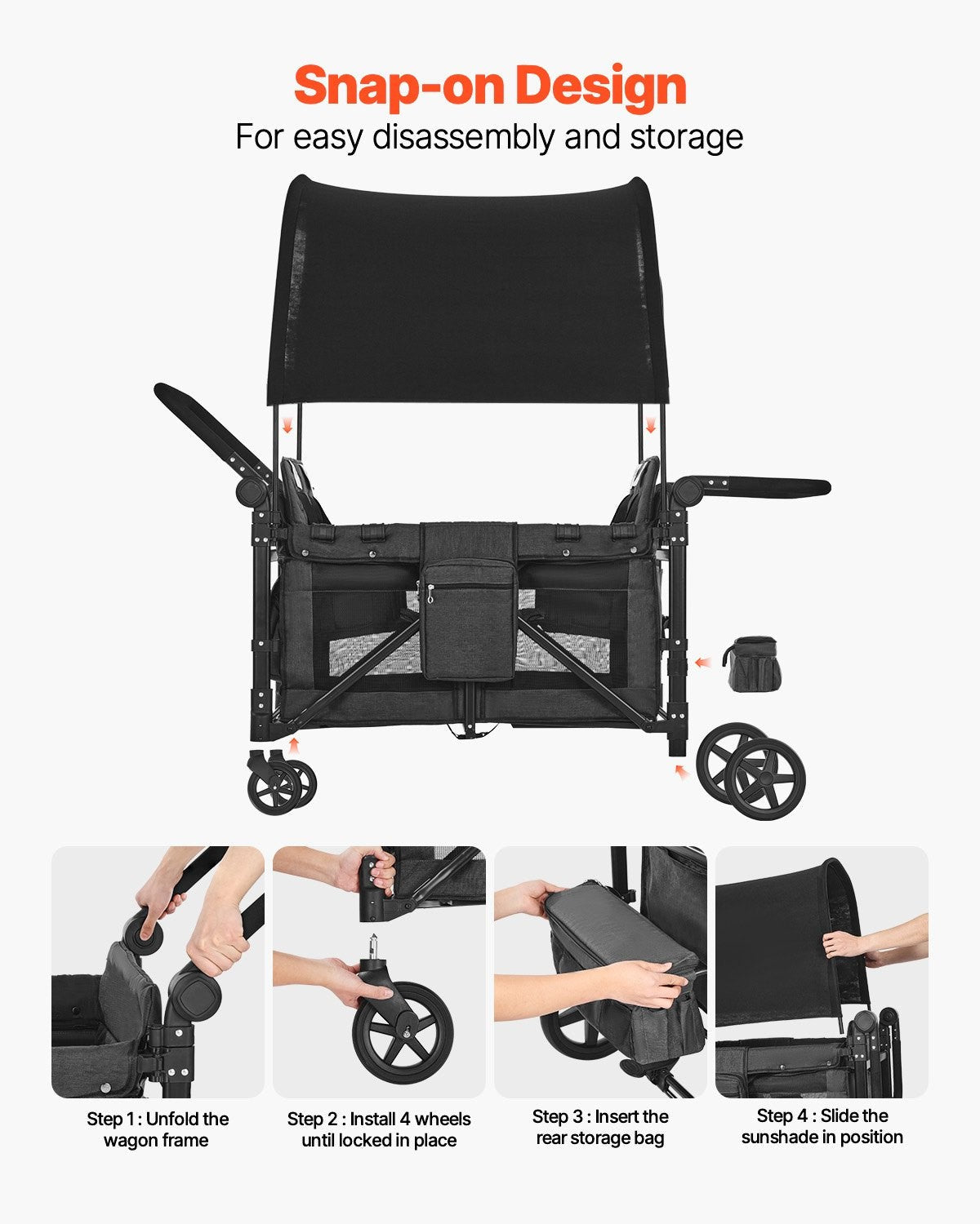 Wagon Stroller for 4 Kids Push Pull Quad Collapsible Stroller for Camping
