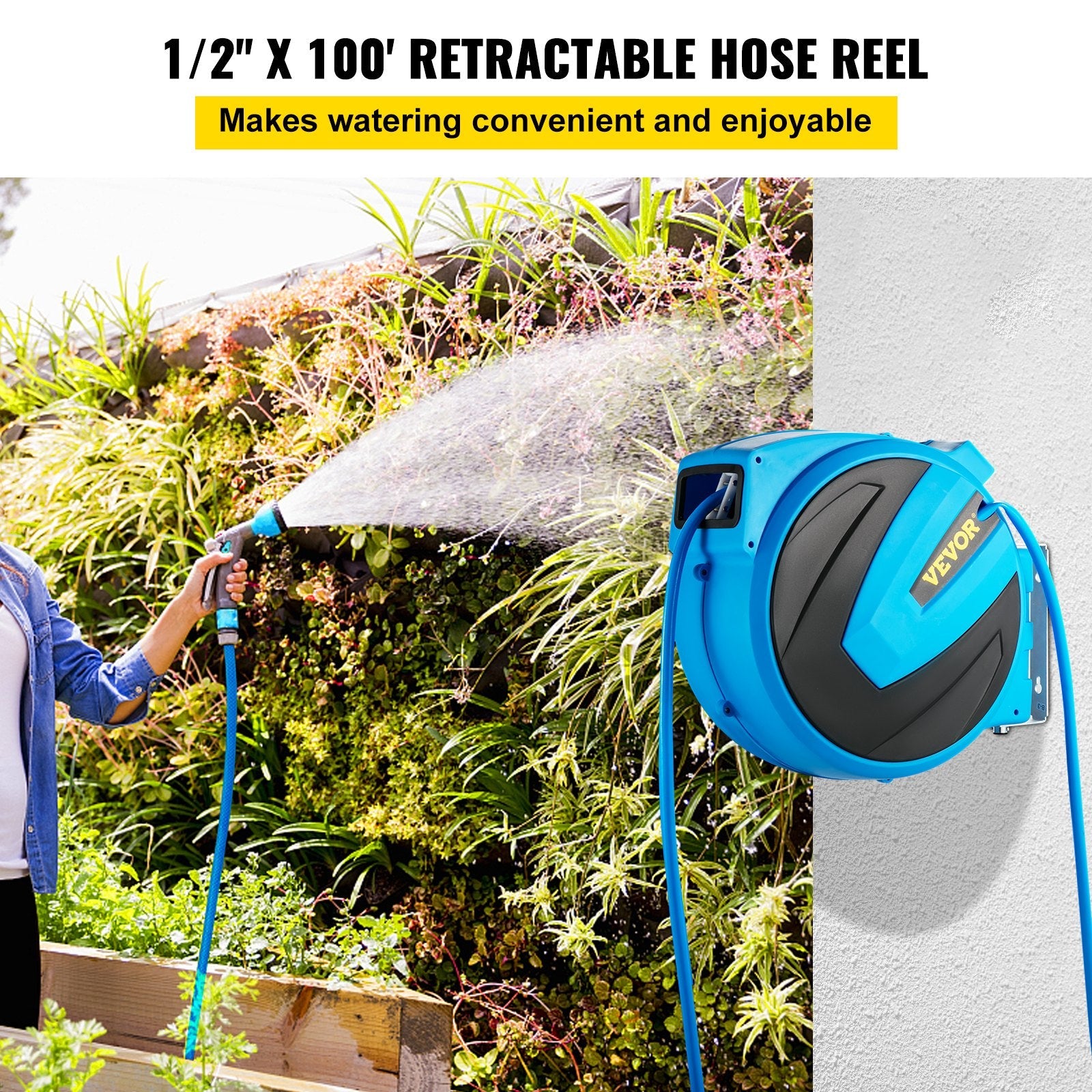 VEVOR Retractable Hose Reel, 1/2 inch x 100 ft, Any Length Lock & Automatic Rewind Water Hose, Wall Mounted Garden Hose Reel w/ 180° Swivel Bracket and 8 Pattern Hose Nozzle, Blue