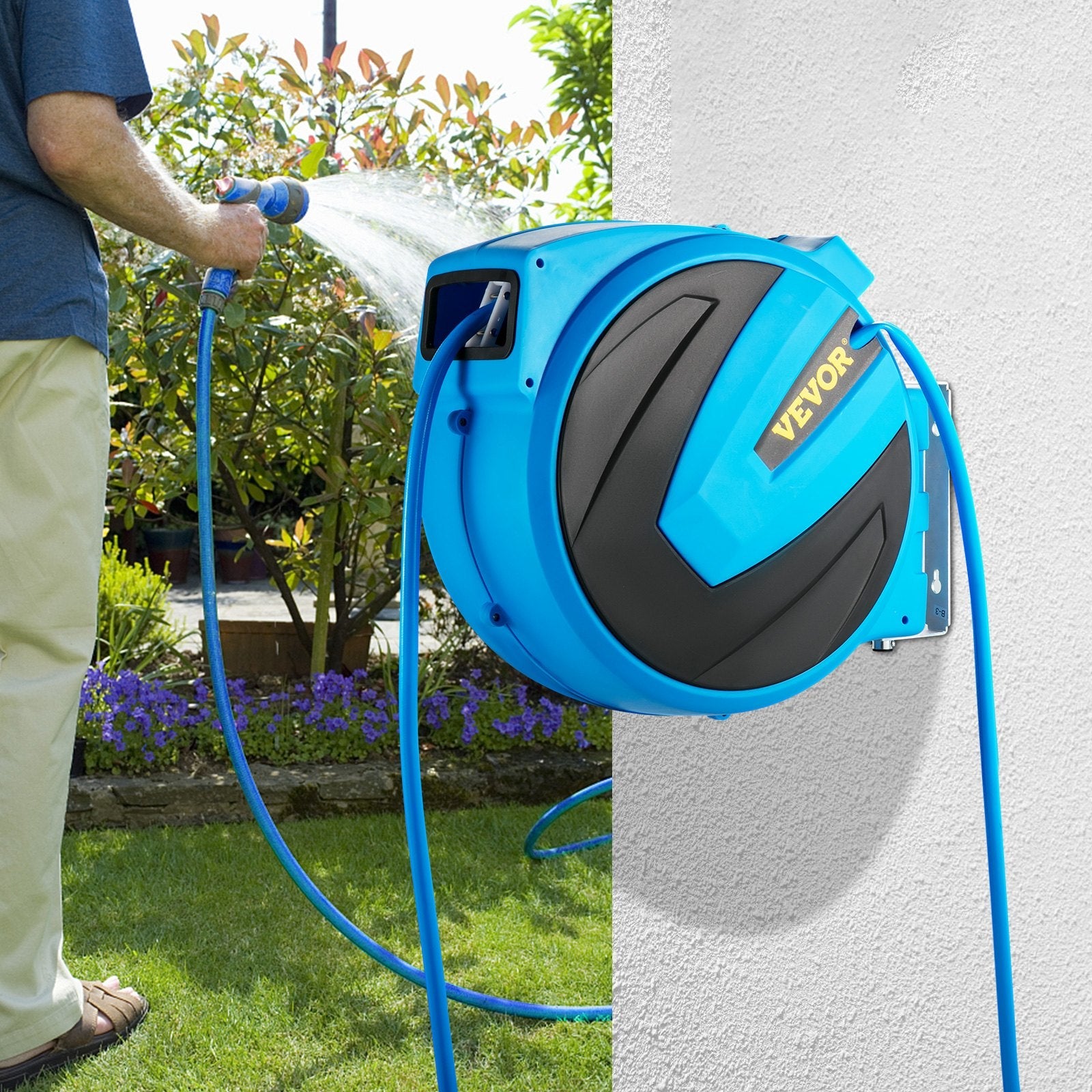 VEVOR Retractable Hose Reel, 1/2 inch x 100 ft, Any Length Lock & Automatic Rewind Water Hose, Wall Mounted Garden Hose Reel w/ 180° Swivel Bracket and 8 Pattern Hose Nozzle, Blue