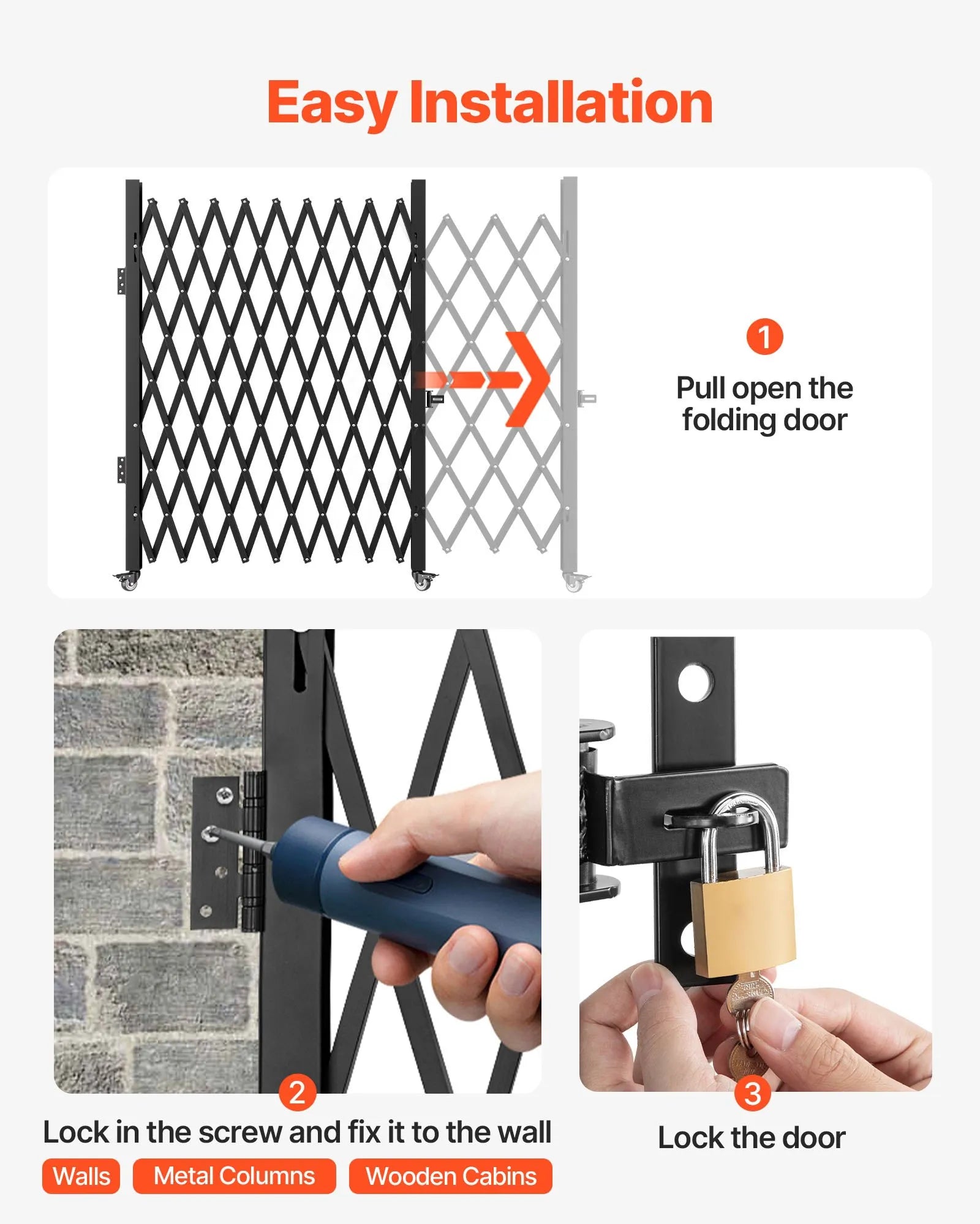 VEVOR Single Folding Security Gate, 7.1'H x 7.9' W(85 x 95 inch) Folding Door Gate, Steel Accordion Security Gate, Flexible Expanding Security Gate, 360° Rolling Barricade Gate, Scissor Gate/Door w/ Padlock