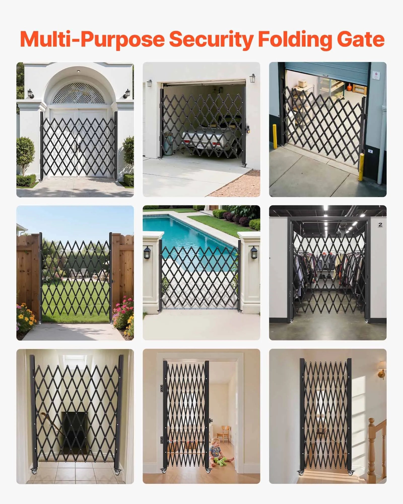 VEVOR Single Folding Security Gate, 7.1'H x 7.9' W(85 x 95 inch) Folding Door Gate, Steel Accordion Security Gate, Flexible Expanding Security Gate, 360° Rolling Barricade Gate, Scissor Gate/Door w/ Padlock