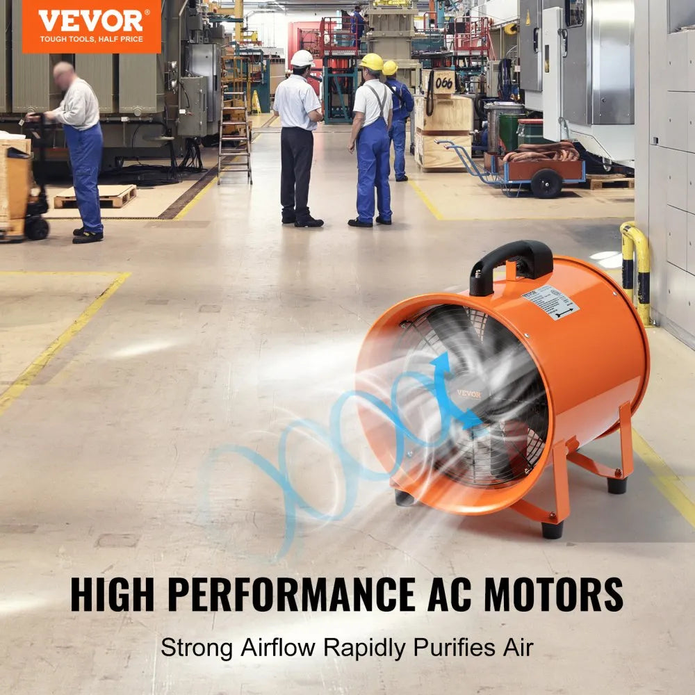 VEVOR Portable Ventilator, 12" Cylinder Fan, 560W Industrial Blower, Utility Exhaust Fan, Shop Dust Blower, Smoke Extraction Fan, Heavy Duty Ventilator, 16.4ft Duct Hose Fan, AC120V Portable Fan, Strong Airflow Ventilator