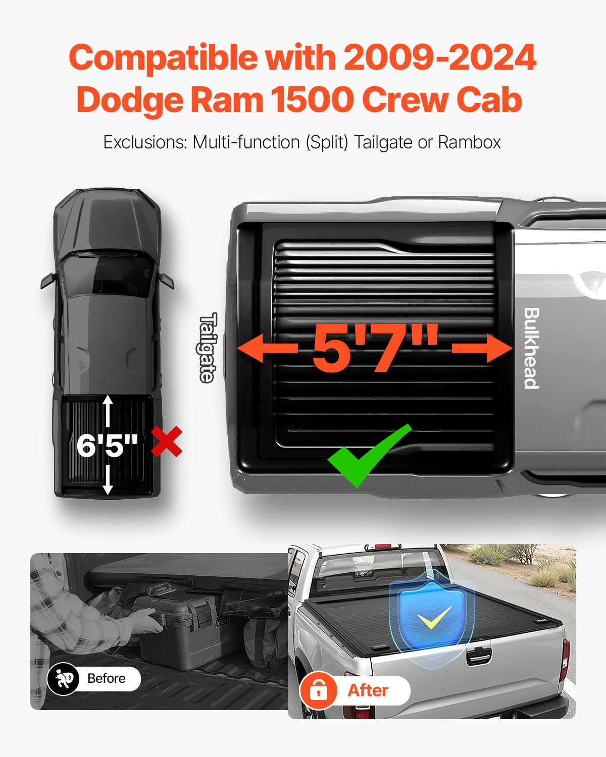 VEVOR 5.7 ft Retractable Tonneau Cover Hard Tonneau Cover for Dodge Ram 1500