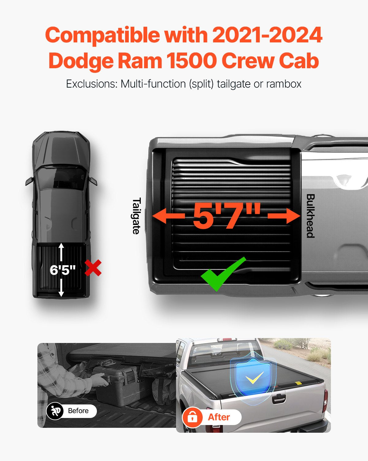 VEVOR 5.7 ft Retractable Tonneau Cover Hard Tonneau Cover for Dodge Ram1500