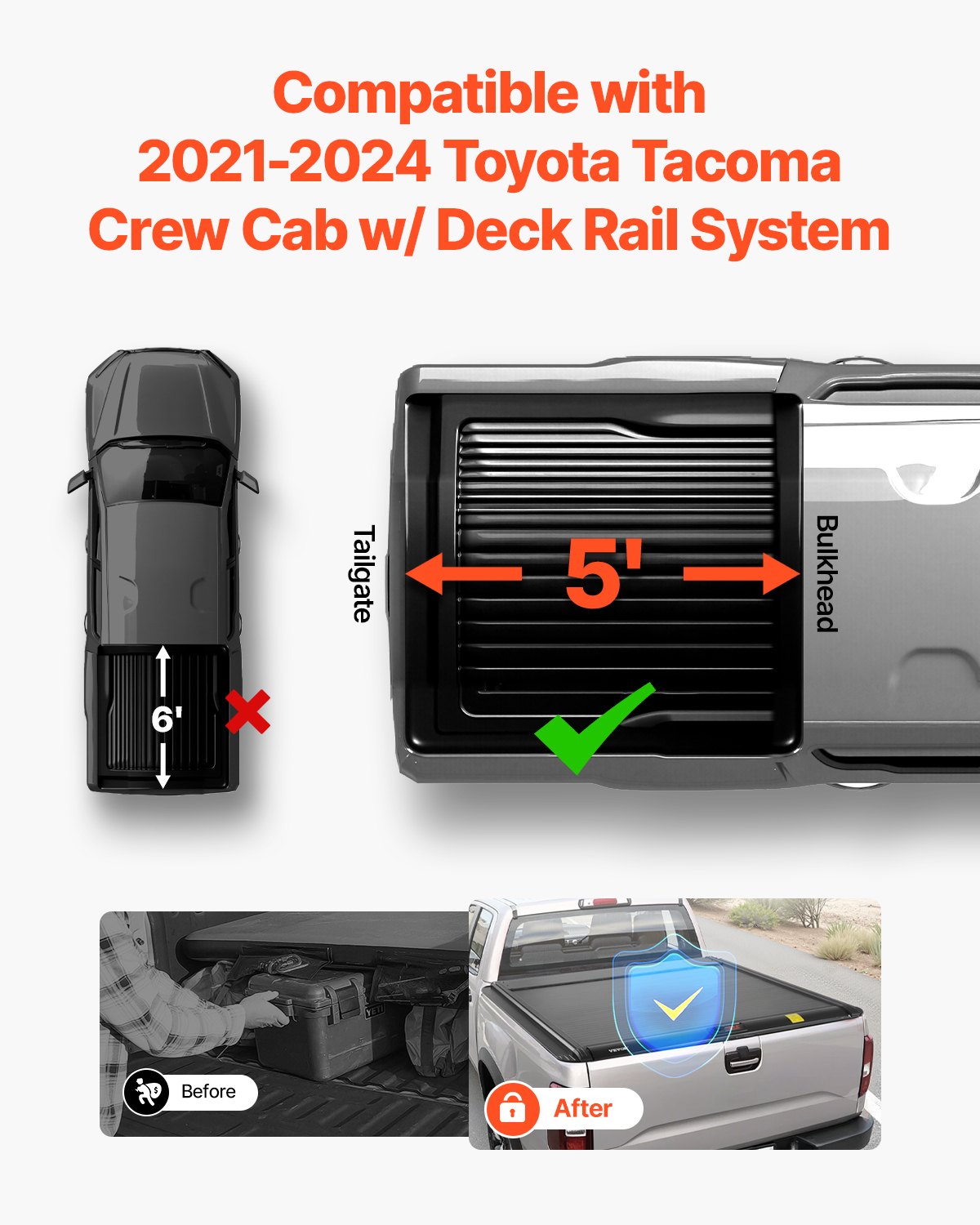 VEVOR 5.0 ft Retractable Tonneau Cover Hard Tonneau Cover for Toyota Tacoma