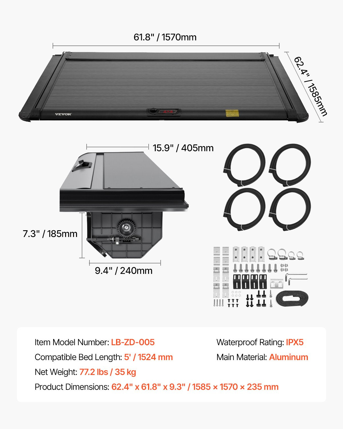 VEVOR 5.0 ft Retractable Tonneau Cover Hard Tonneau Cover for Toyota Tacoma