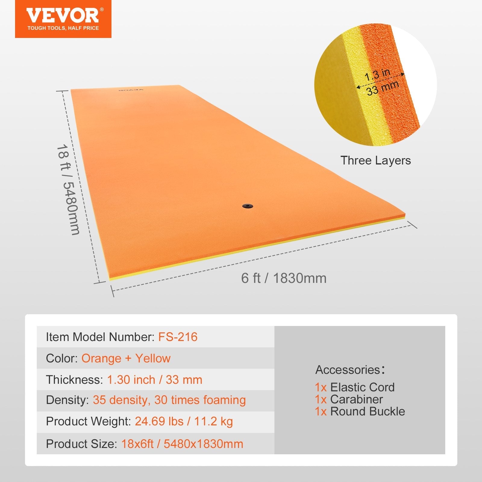 VEVOR Lily Pad Floating Mat, Large 18x6 FT Floating Water Pad, 3-Layer Floating Dock for Adults Kids, 1.3" Thick Tear-Resistant XPE Foam Raft, Floating Island for Lake, Pool, Ocean, Beach, and Boating