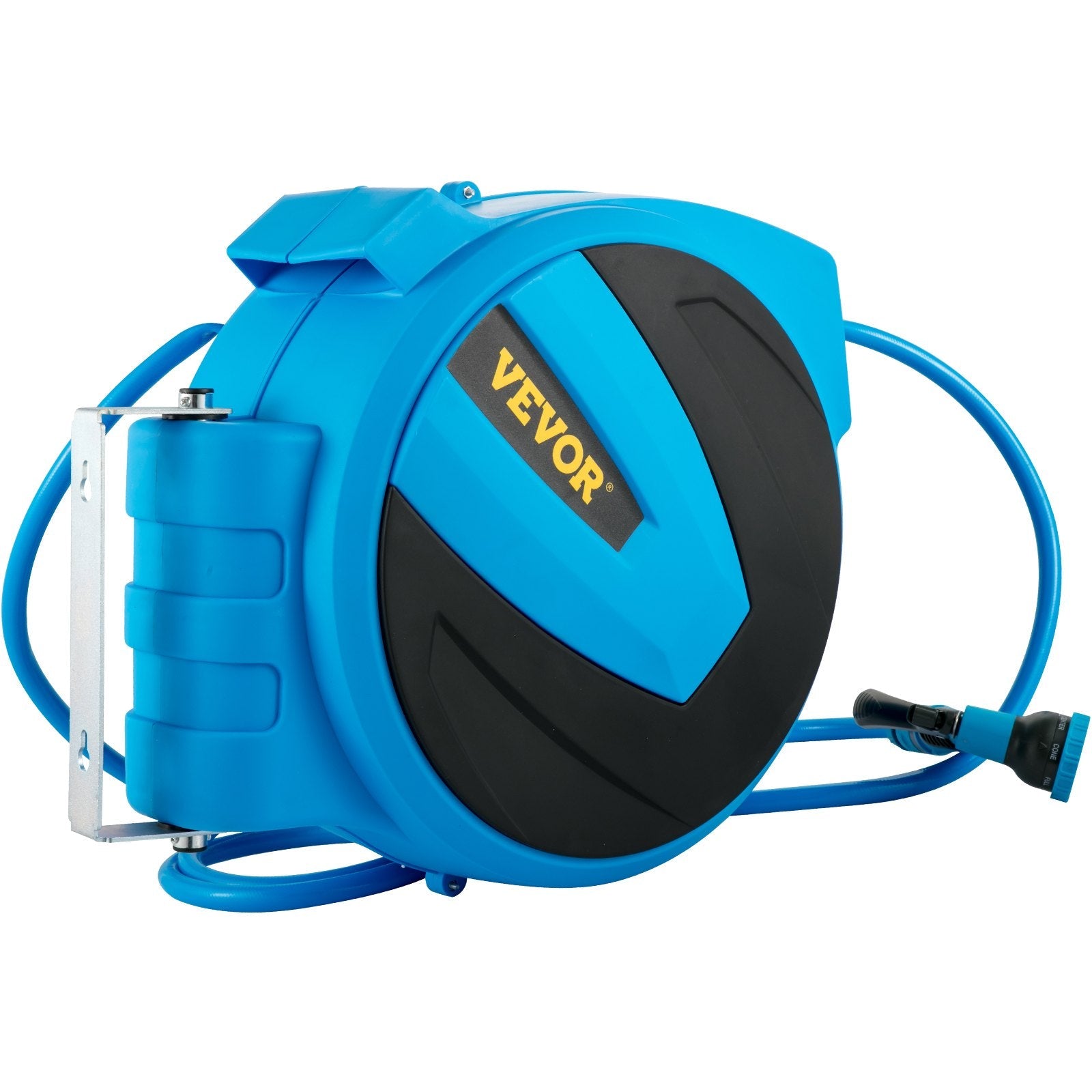VEVOR Retractable Hose Reel, 5/8 inch x 65 ft, Any Length Lock & Automatic Rewind Water Hose, Wall Mounted Garden Hose Reel w/ 180° Swivel Bracket and 7 Pattern Hose Nozzle, Blue
