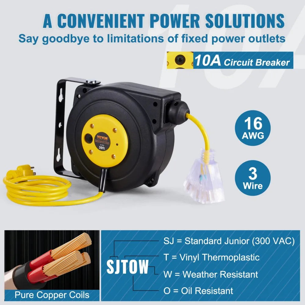 VEVOR Retractable Extension Cord Reel Power Cord Reel 30FT 16AWG/3C SJTOW