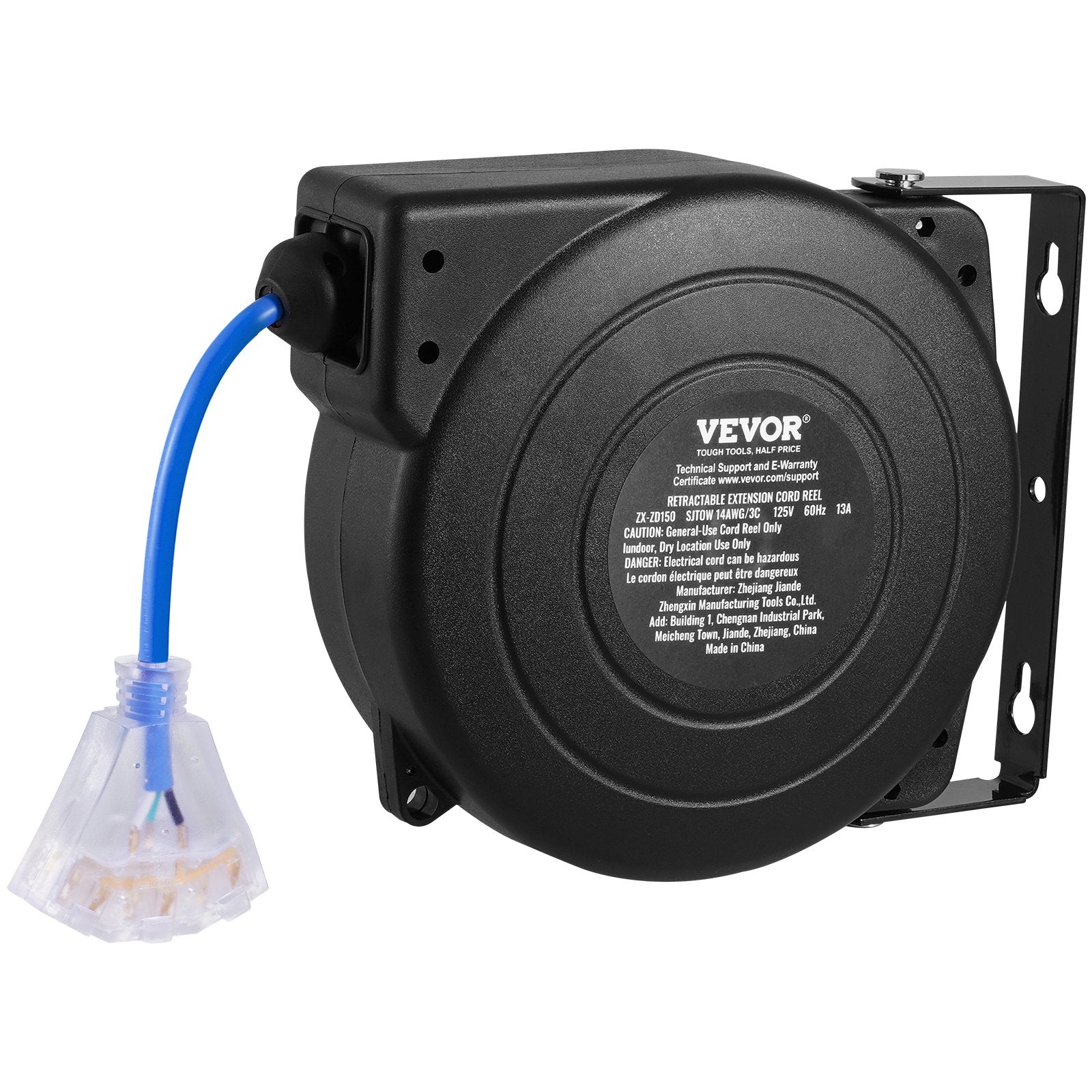 VEVOR Retractable Extension Cord Reel Power Cord Reel 50FT 14AWG/3C SJTOW