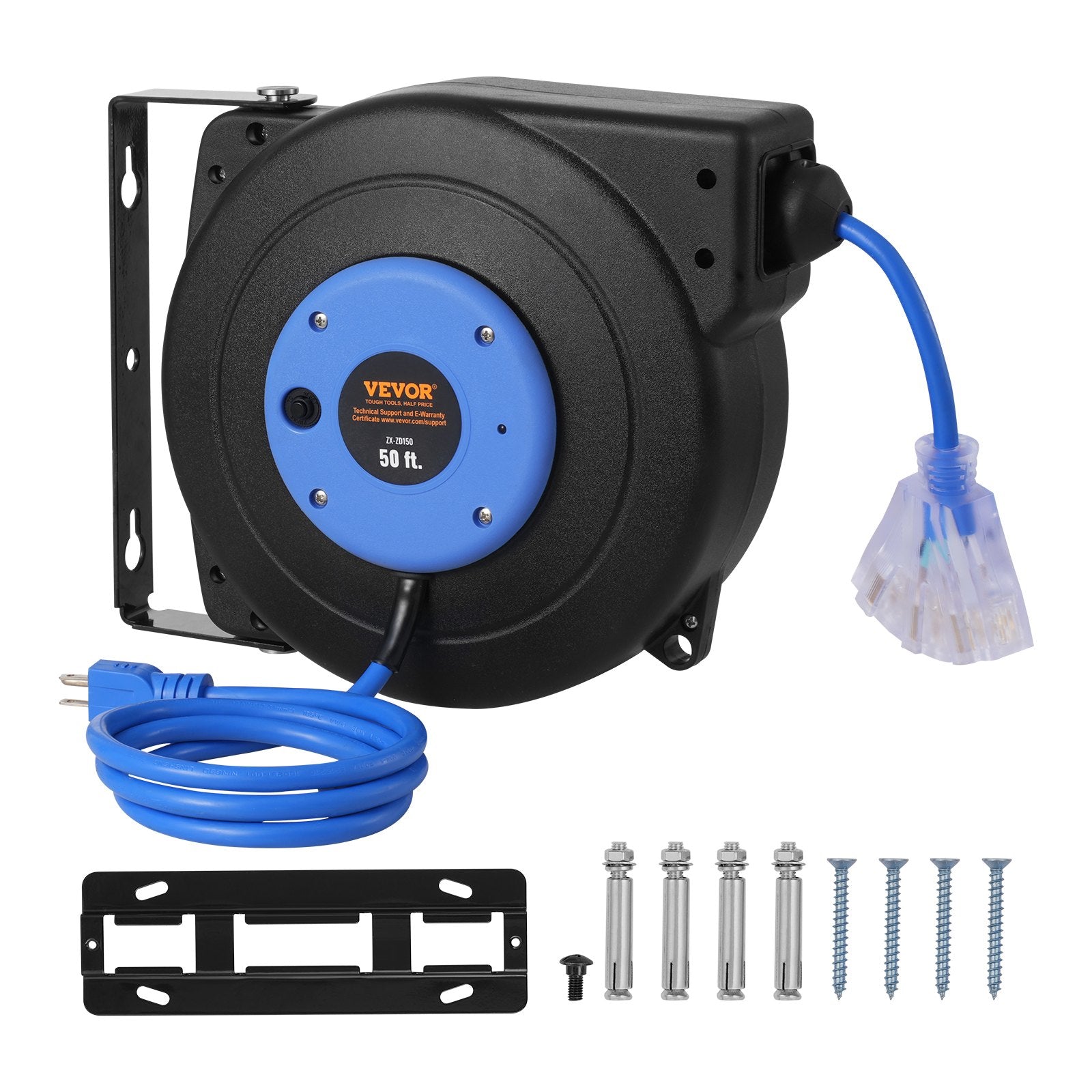 VEVOR Retractable Extension Cord Reel Power Cord Reel 50FT 14AWG/3C SJTOW