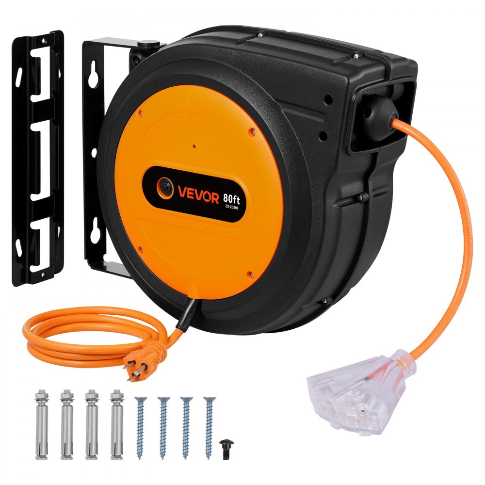80 ft Retractable Extension Cord Reel, Heavy-Duty 12/3 AWG Power Cord with Lighted 3-Outlet Tap & 15A Circuit Breaker