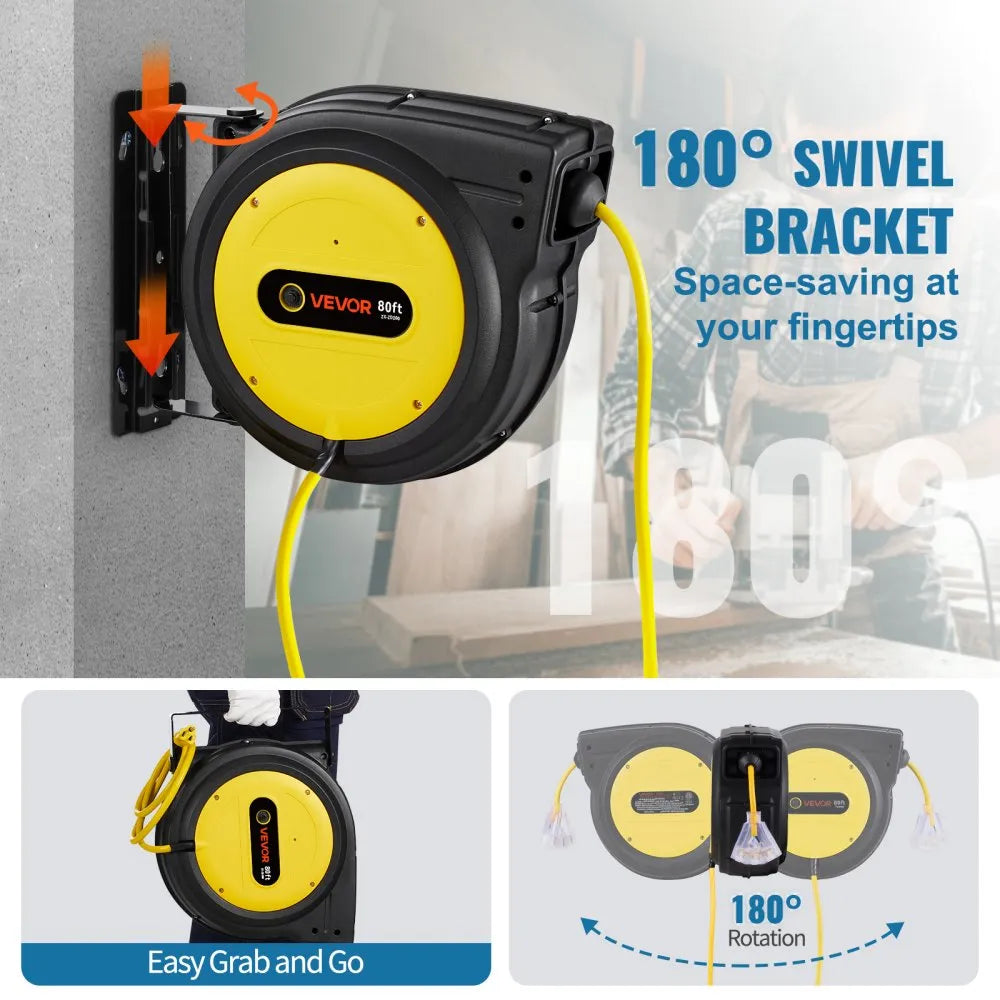 80 ft Retractable Extension Cord Reel, Heavy-Duty 12/3 AWG Power Cord with Lighted 3-Outlet Tap & 15A Circuit Breaker