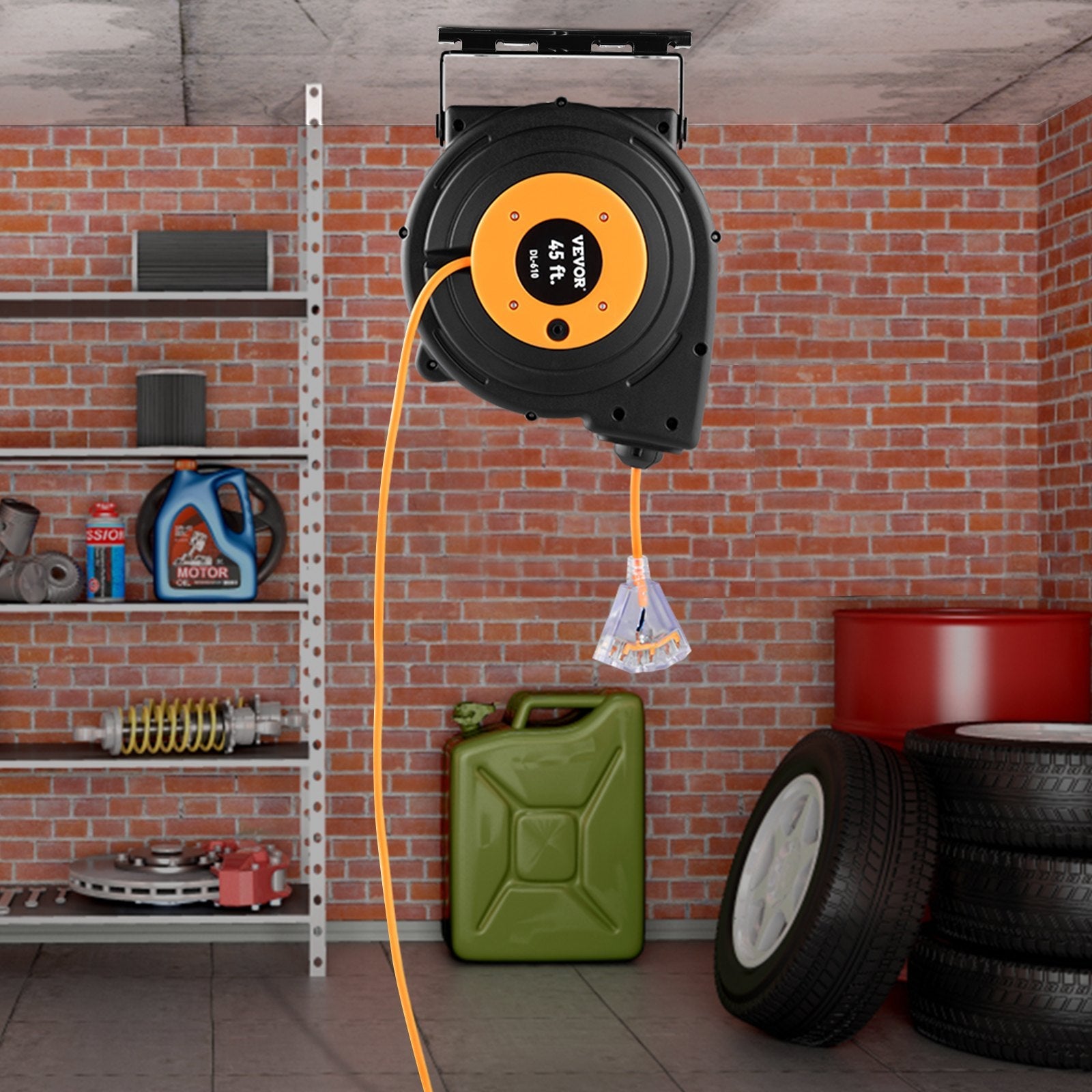 VEVOR Retractable Extension Reel, Heavy Duty 12AWG/3C SJTOW Power Cord 45 FT 12AWG, Black